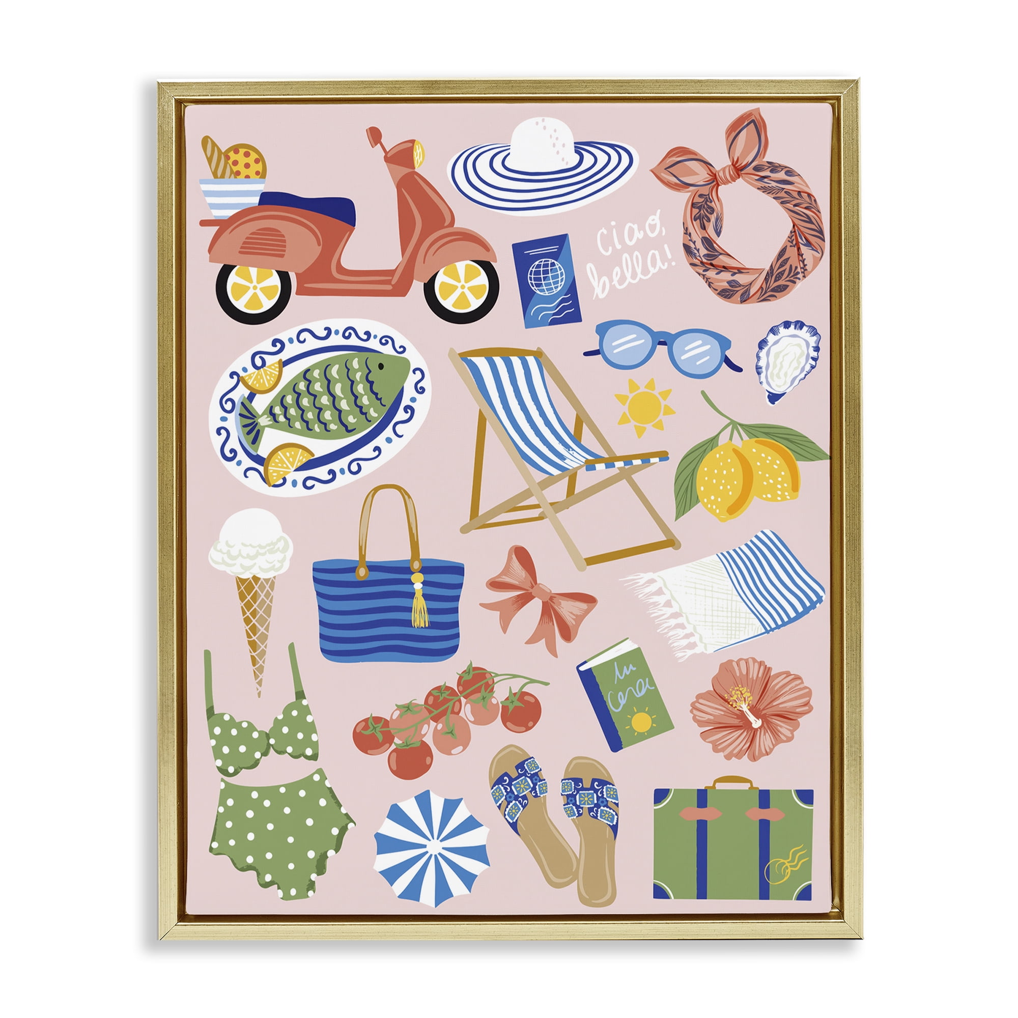 Stupell Industries Mediterranean Coast Necessities Nautical & Beach Painting Gold Floater Framed Canvas Art Print Wall Art, 25 x 31