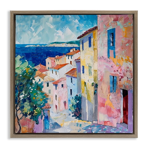 Stupell Industries Mediterranean Coastal Town Brown Framed Floater Canvas Wall Art design by LSR Creative Studio, 25 x 25
