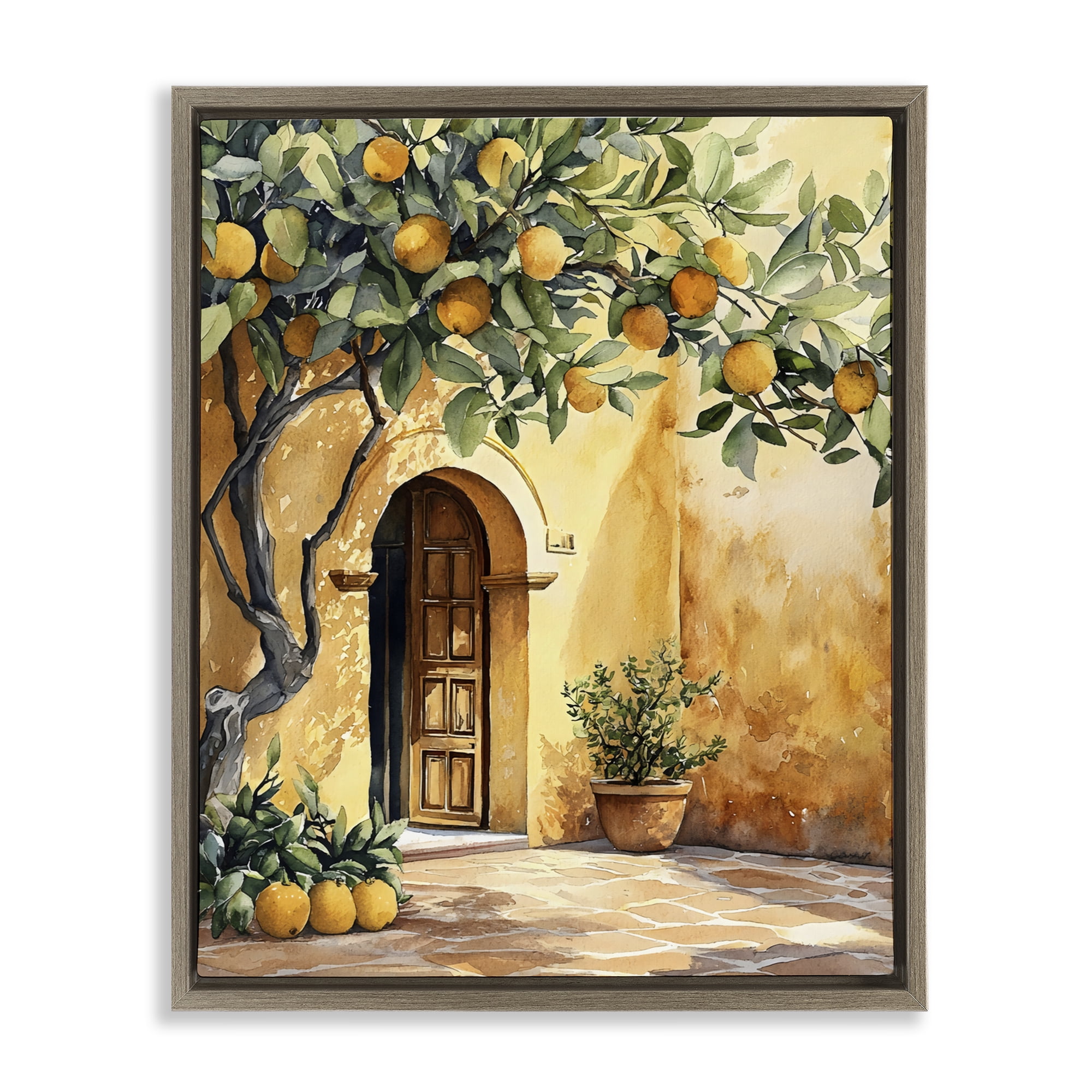 Stupell Industries Mediterranean Courtyard Lemon Tree Brown Framed Floater Canvas Wall Art, design by LSR Design Studio