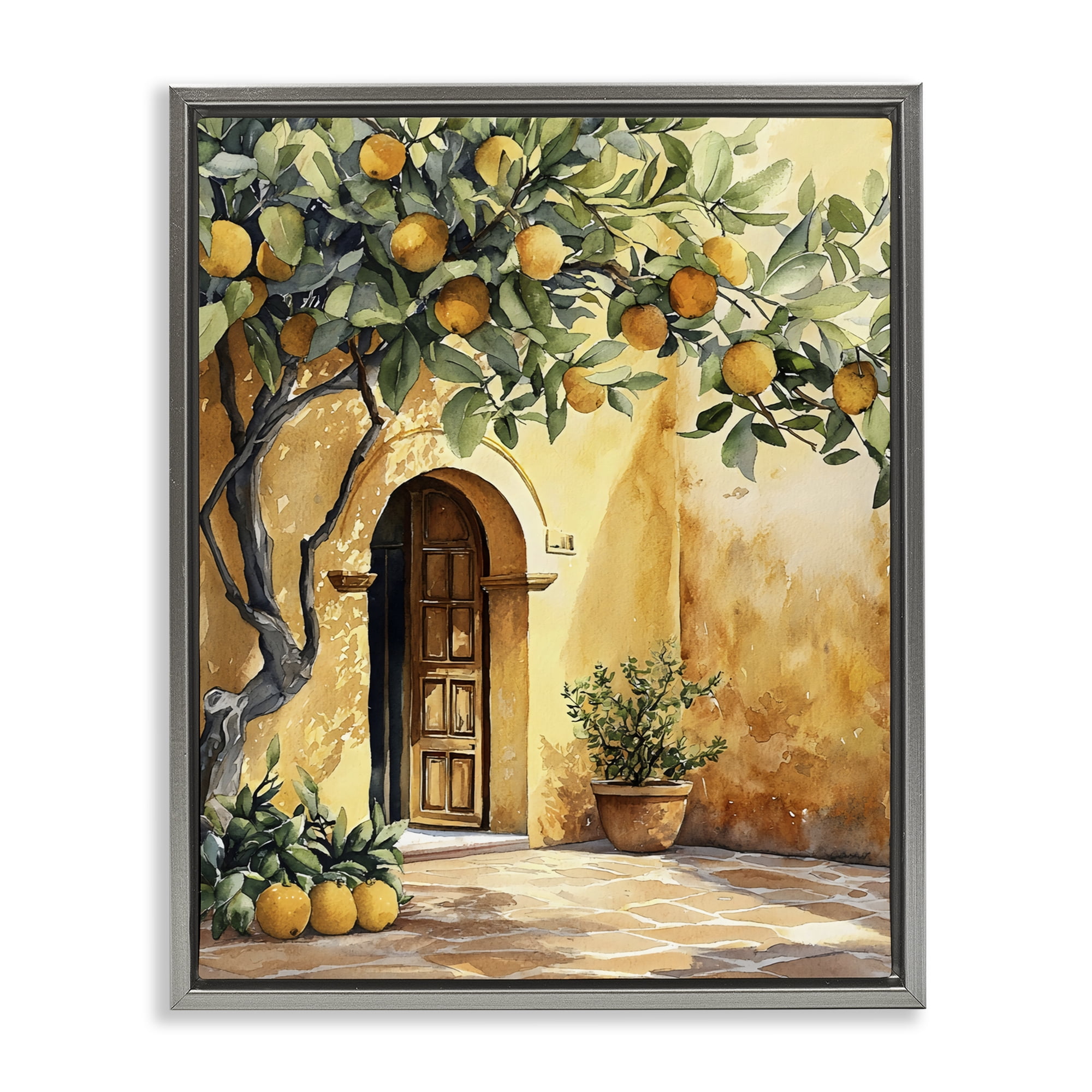 Stupell Industries Mediterranean Courtyard Lemon Tree Gray Framed Floater Canvas Wall Art, design by LSR Design Studio