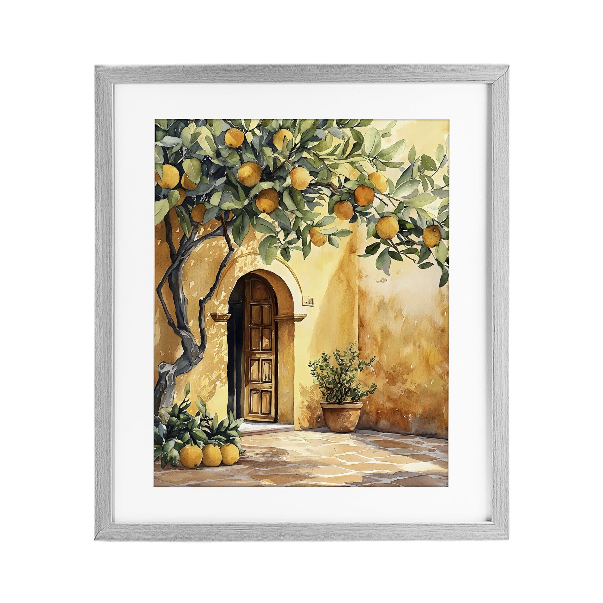 Stupell Industries Mediterranean Courtyard Lemon Tree Gray Framed Print Under Glass, design by LSR Design Studio