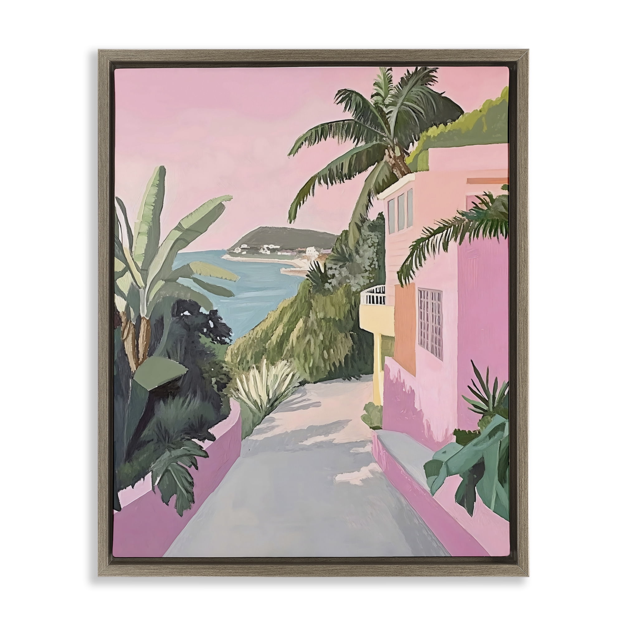 Stupell Industries Mediterranean Pink Coastal House Brown Framed Floater Canvas Wall Art, design by The Prints Vibe