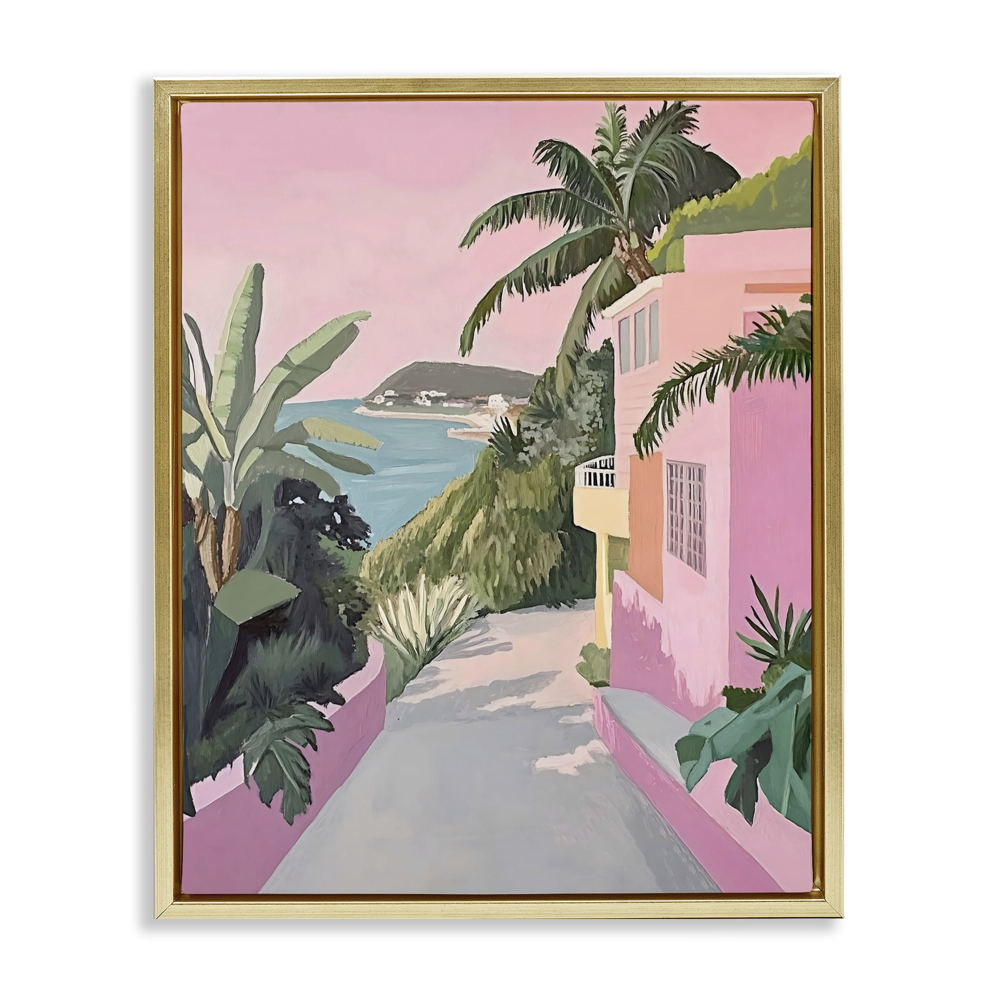 Stupell Industries Mediterranean Pink Coastal House Gold Framed Floater Canvas Wall Art, design by The Prints Vibe