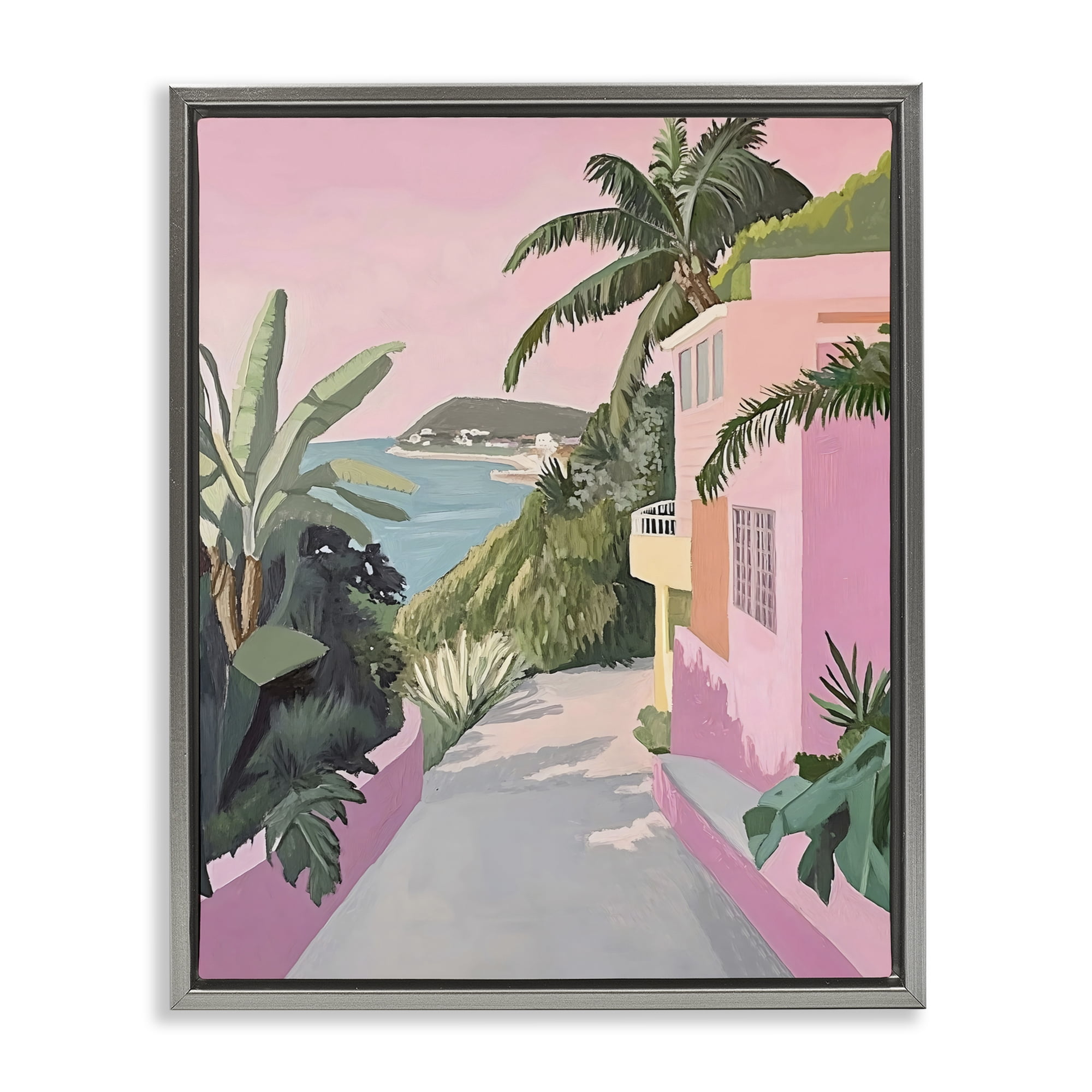 Stupell Industries Mediterranean Pink Coastal House Gray Framed Floater Canvas Wall Art, design by The Prints Vibe