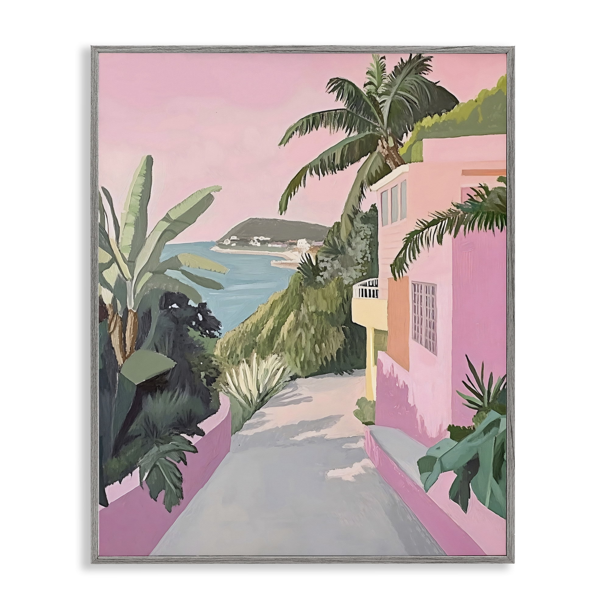 Stupell Industries Mediterranean Pink Coastal House Gray Framed Giclee Art, design by The Prints Vibe