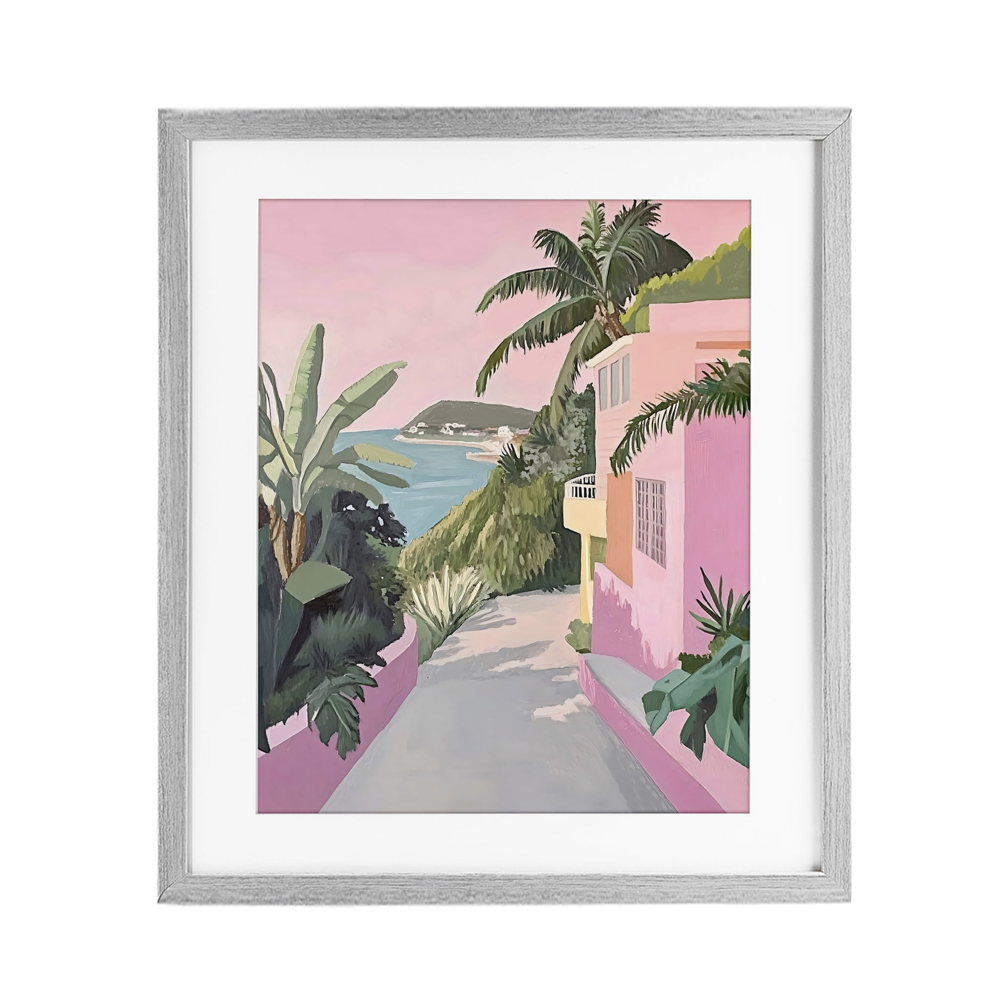 Stupell Industries Mediterranean Pink Coastal House Gray Framed Print Under Glass, design by The Prints Vibe