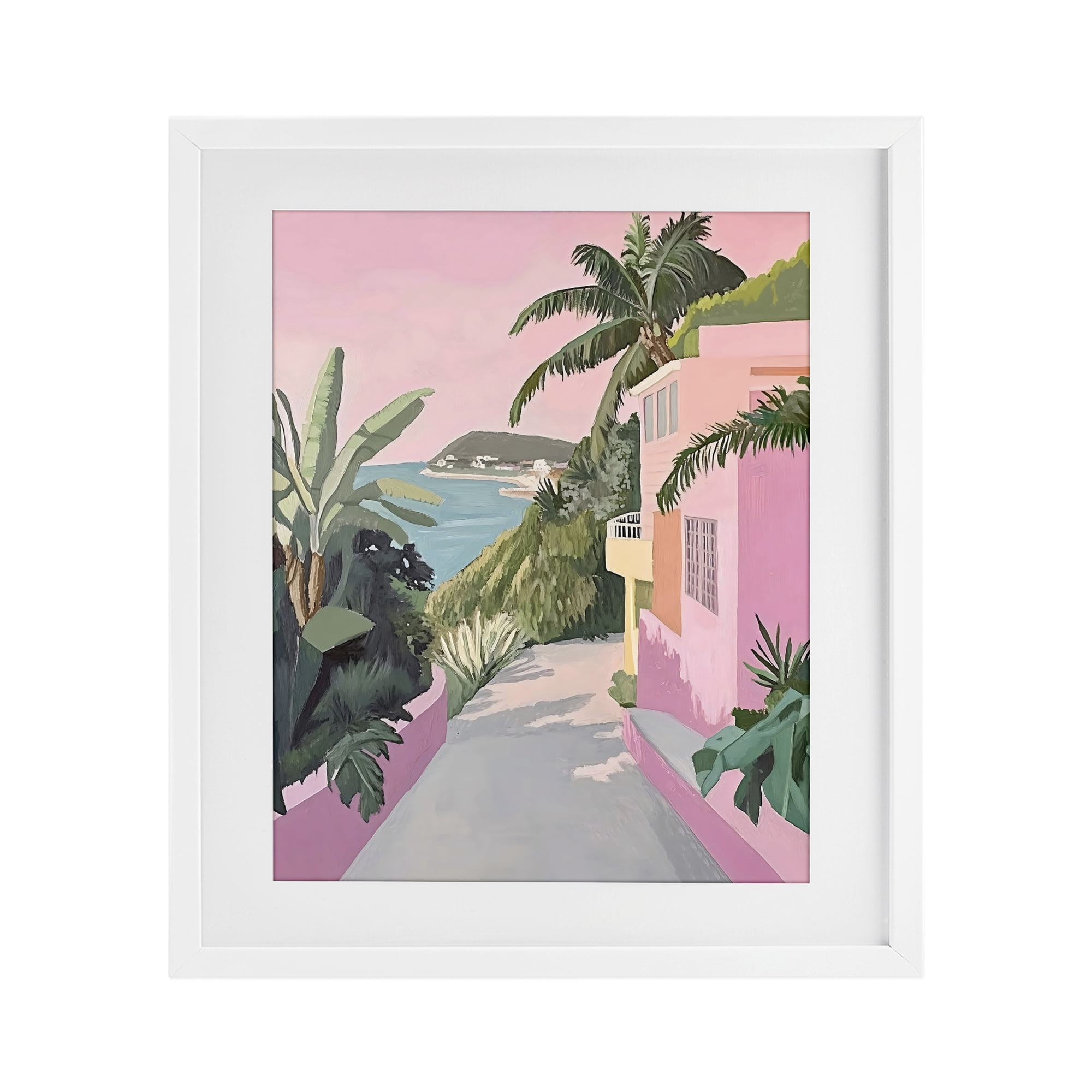 Stupell Industries Mediterranean Pink Coastal House White Framed Print Under Glass, design by The Prints Vibe