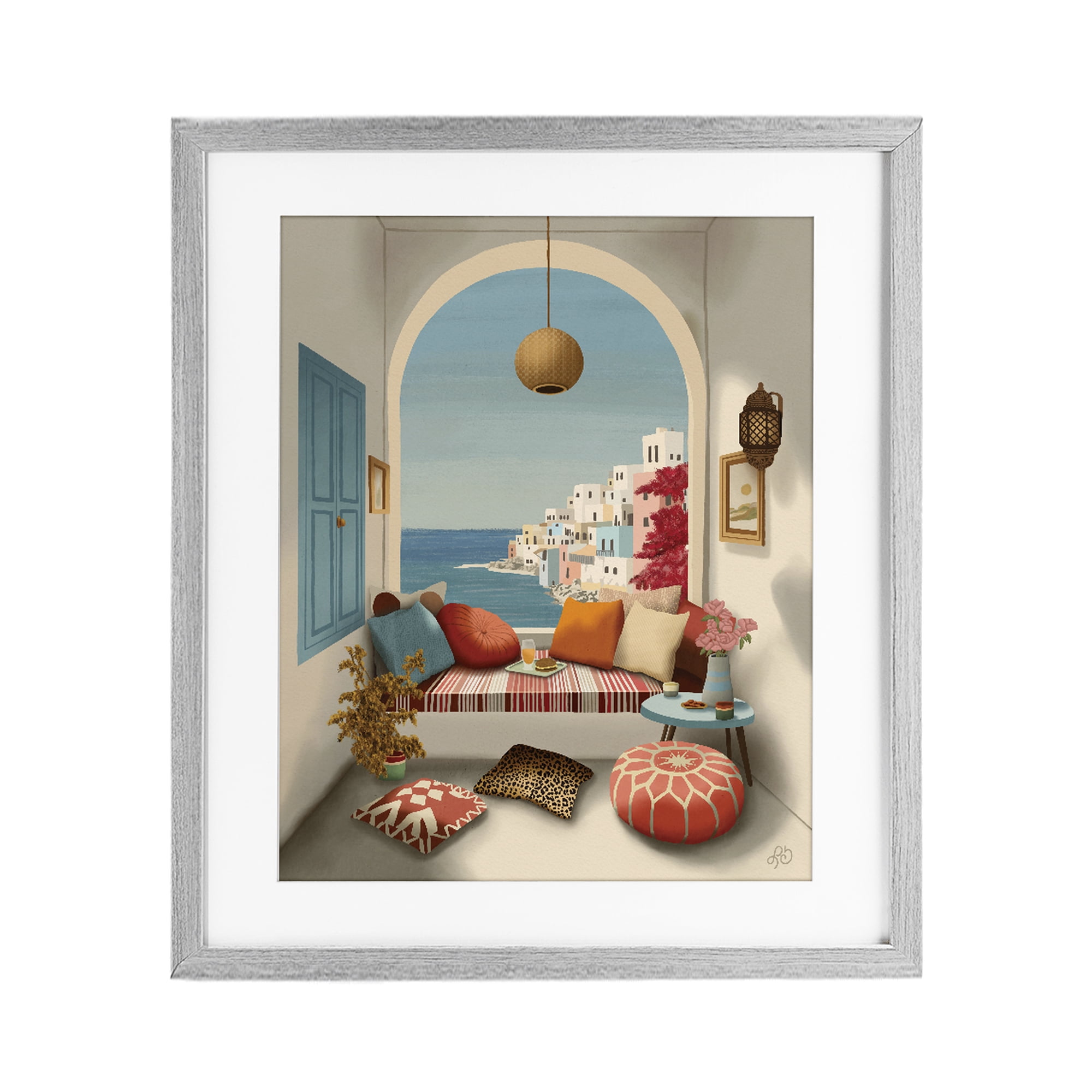 Stupell Industries Mediterranean Seaside Window View Gray Framed Print Under Glass, design by Lisa R Dumm