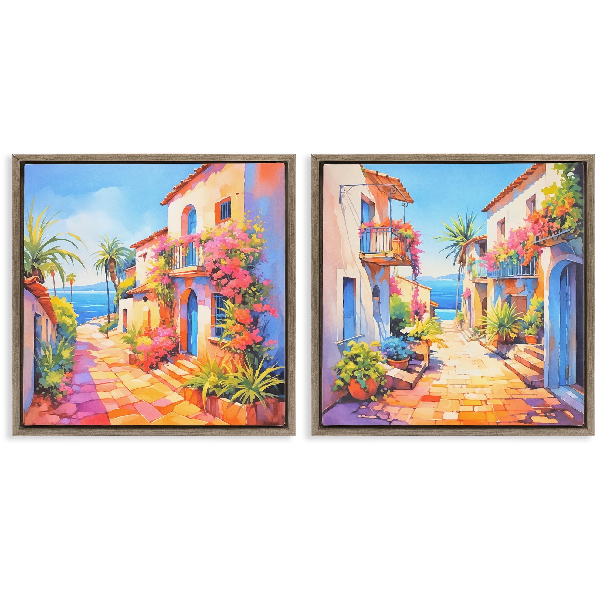 Stupell Industries Mediterranean Summer Island Vista Buildings & Architecture Painting Brown Floater Framed Canvas Art Print Wall Art, 25 x 25, Set of 2