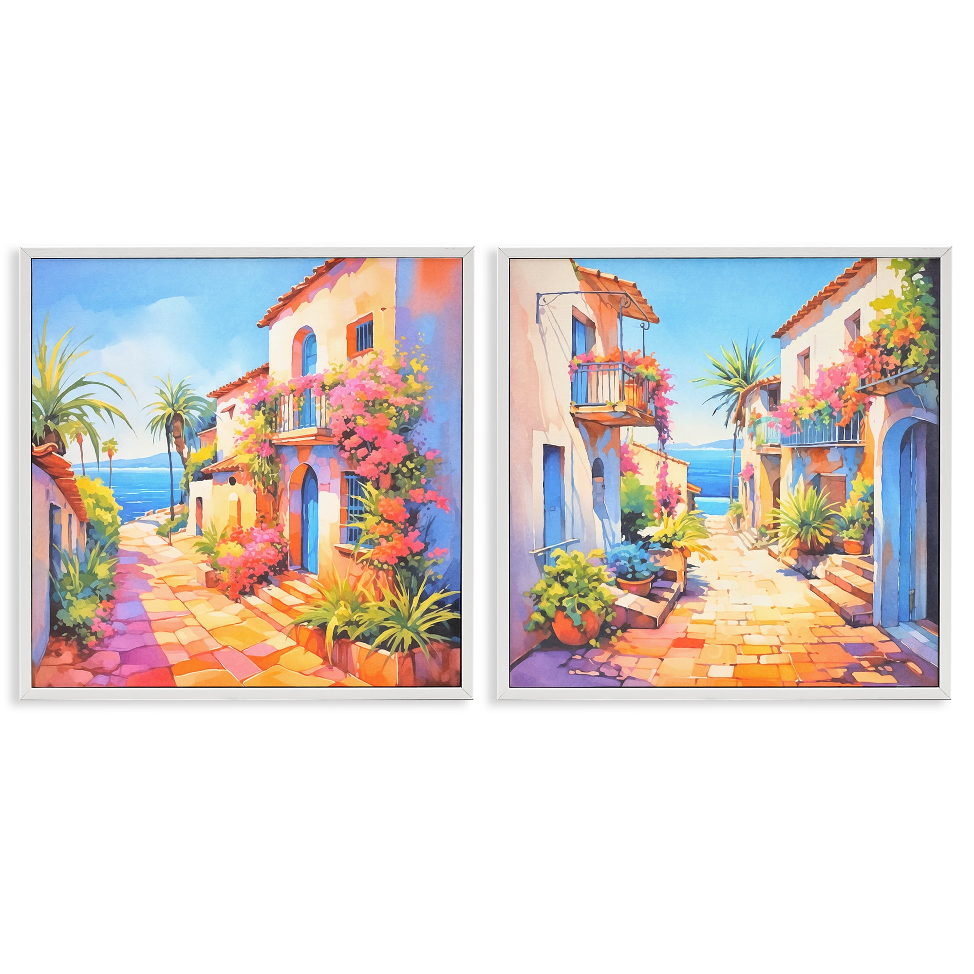 Stupell Industries Mediterranean Summer Island Vista Buildings & Architecture Painting White Framed Art Print Wall Art, 12 x 12, Set of 2