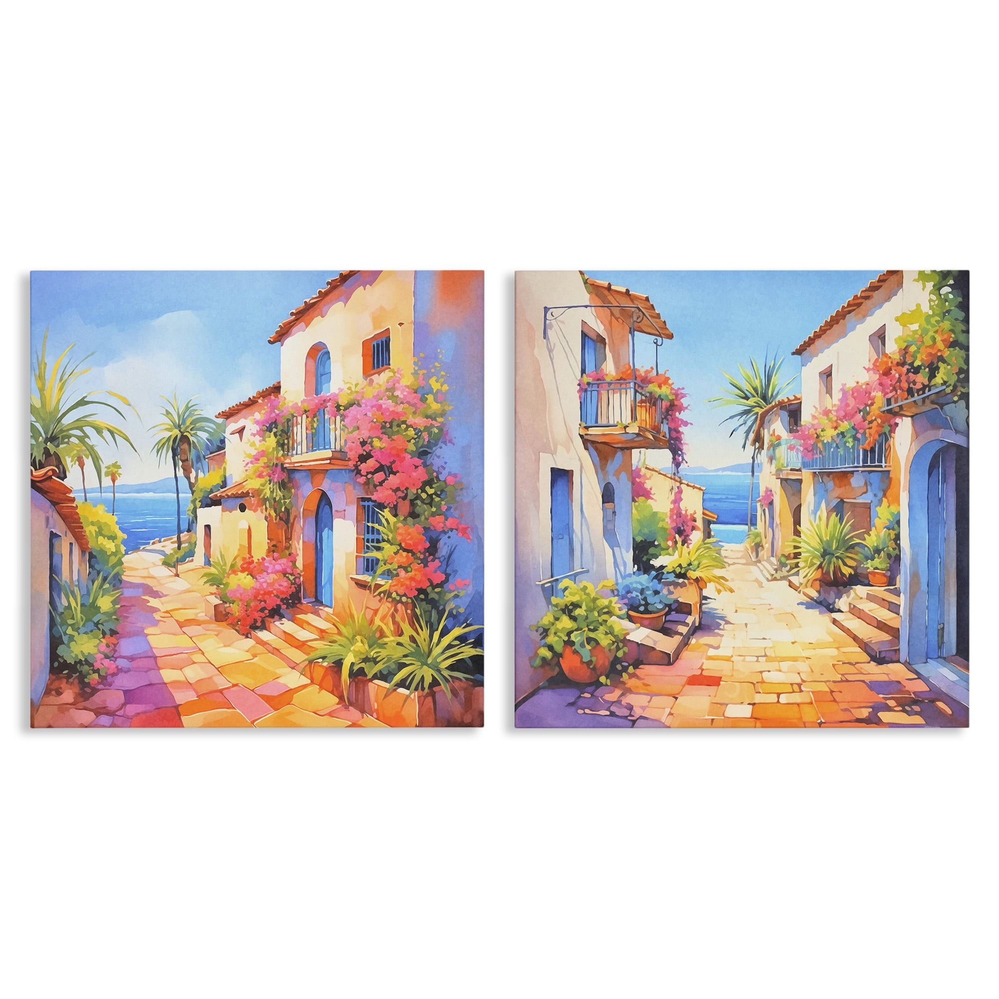 Stupell Industries Mediterranean Summer Island Vista Buildings & Architecture Painting Wrapped Canvas Art Print Wall Art, 17 x 17, Set of 2