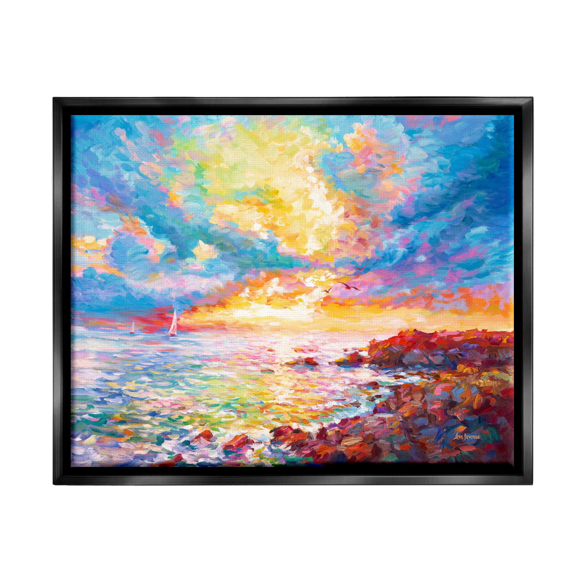 Stupell Industries Mediterranean Sunset Ocean Coast Landscape Painting Black Floater Framed Canvas Art Print Wall Art, 21 x 17