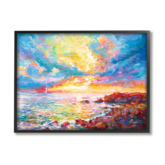 Stupell Industries Mediterranean Sunset Ocean Coast Landscape Painting Black Framed Art Print Wall Art, 20 x 16