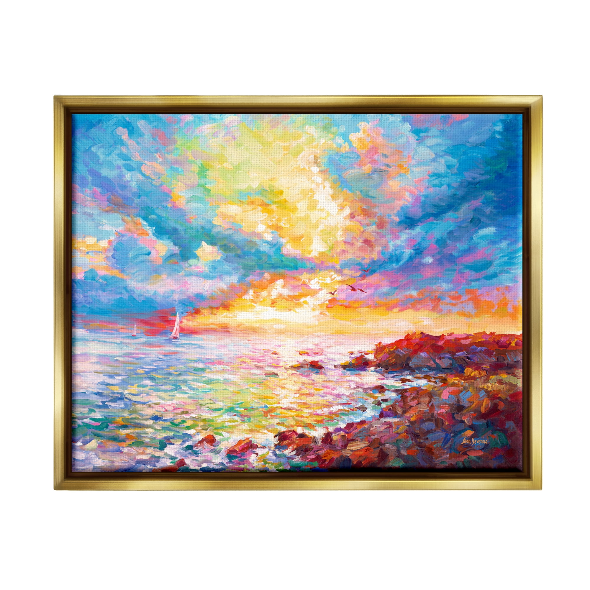 Stupell Industries Mediterranean Sunset Ocean Coast Landscape Painting Gold Floater Framed Canvas Art Print Wall Art, 31 x 25
