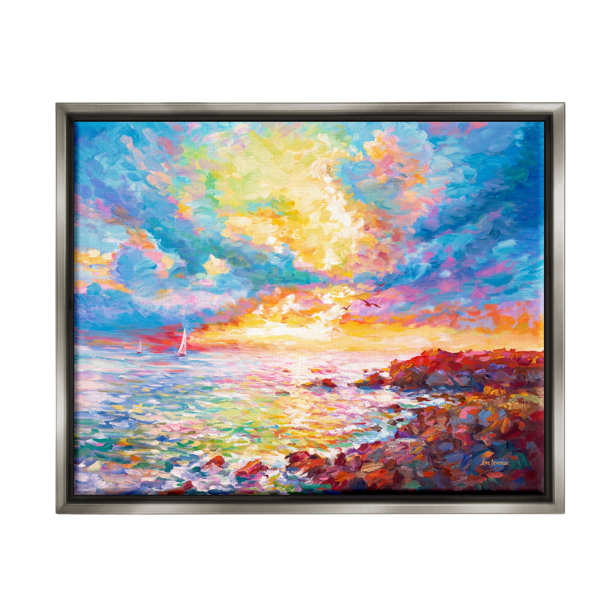 Stupell Industries Mediterranean Sunset Ocean Coast Landscape Painting Gray Floater Framed Canvas Art Print Wall Art, 21 x 17