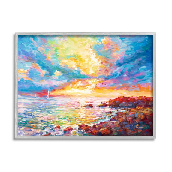 Stupell Industries Mediterranean Sunset Ocean Coast Landscape Painting Gray Framed Art Print Wall Art, 20 x 16