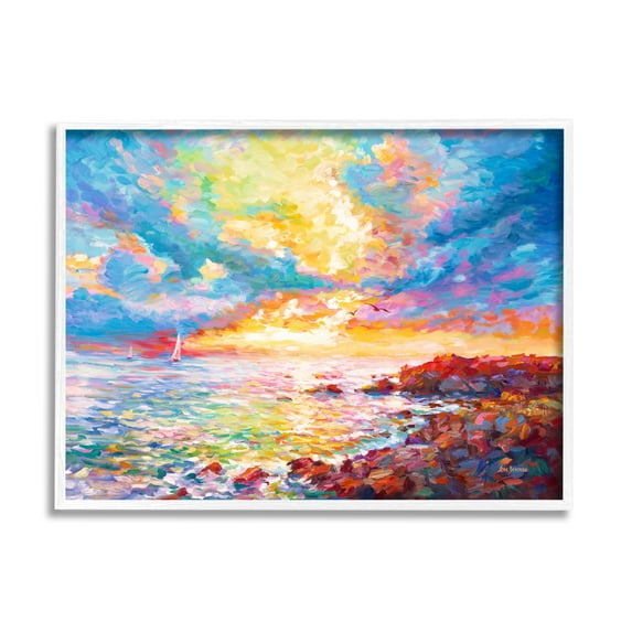 Stupell Industries Mediterranean Sunset Ocean Coast Landscape Painting White Framed Art Print Wall Art, 30 x 24
