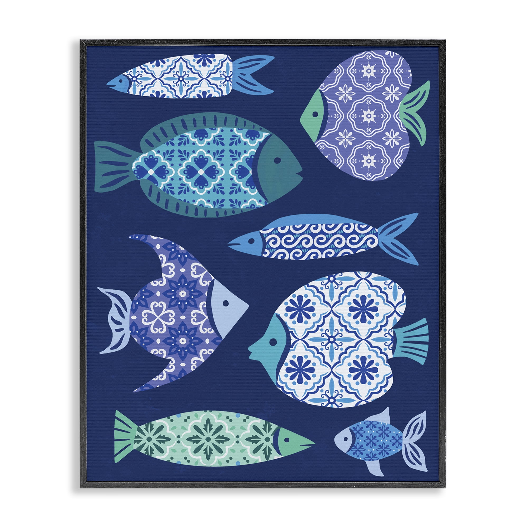 Stupell Industries Mediterranean Tiles Fish Animals Painting Black Framed Art Print Wall Art, 11 x 14