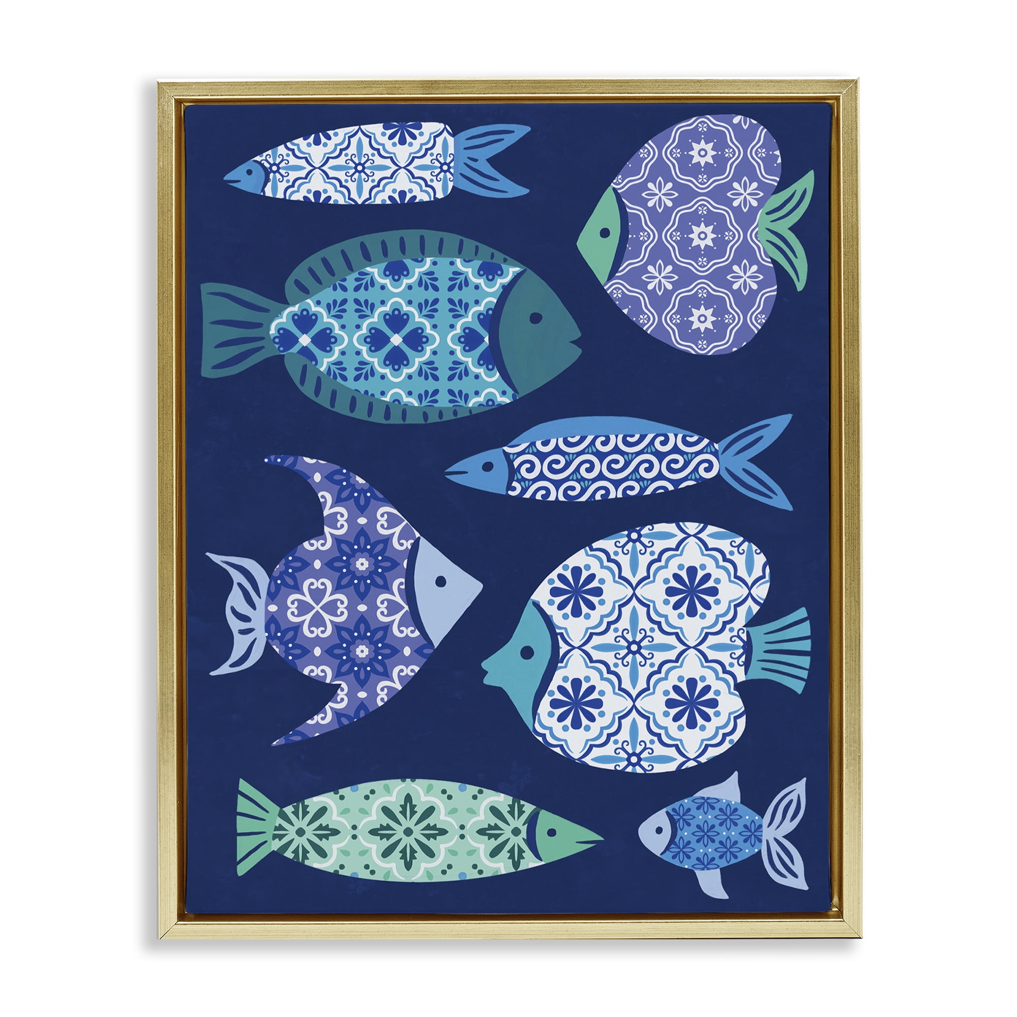 Stupell Industries Mediterranean Tiles Fish Animals Painting Gold Floater Framed Canvas Art Print Wall Art, 25 x 31