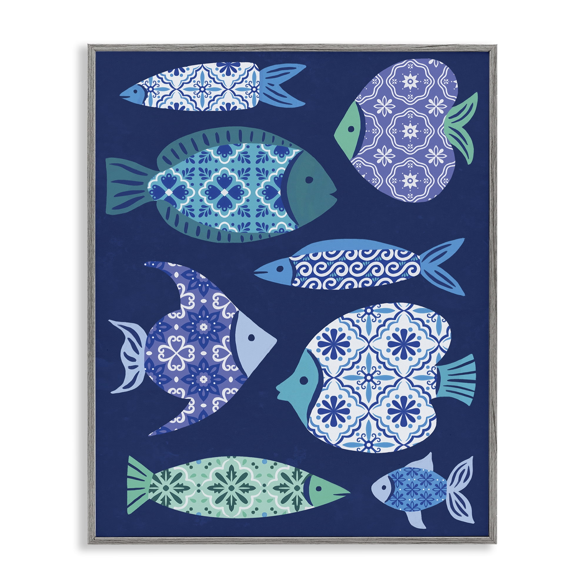 Stupell Industries Mediterranean Tiles Fish Animals Painting Gray Framed Art Print Wall Art, 24 x 30