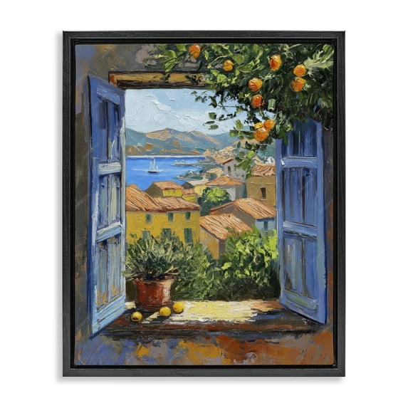Stupell Industries Mediterranean Window View Scenic & Cityscapes Painting Black Floater Framed Canvas Art Print Wall Art, 25 x 31