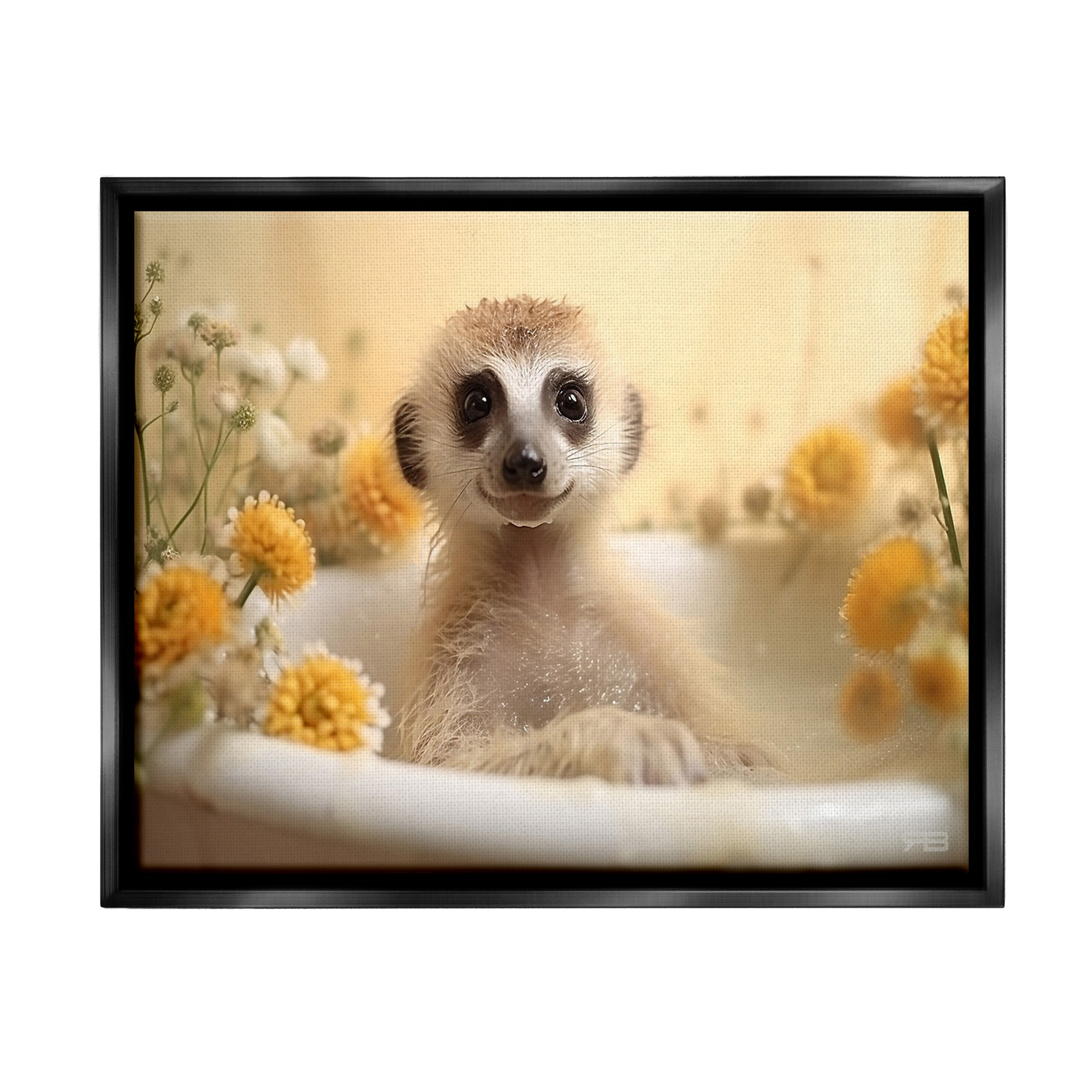 Stupell Industries Meerkat & Floral Bath Animals & Insects Painting Black Floater Framed Canvas Art Print Wall Art, 31 x 25