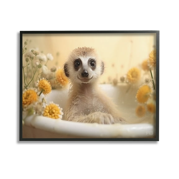 Stupell Industries Meerkat & Floral Bath Animals & Insects Painting Black Framed Art Print Wall Art, 14 x 11