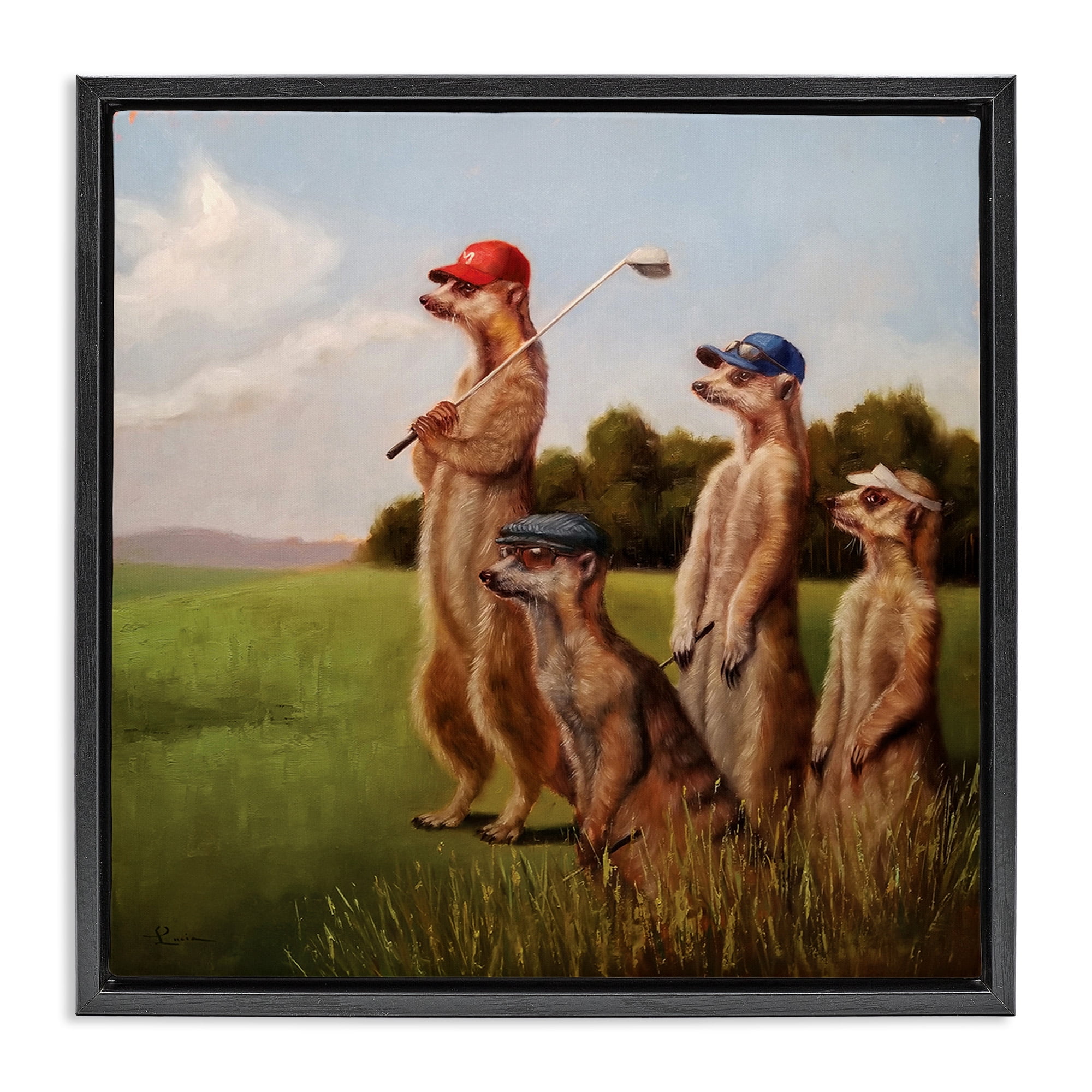Stupell Industries Meerkats Playing Golf Animals & Insects Painting Black Floater Framed Canvas Art Print Wall Art, 25 x 25