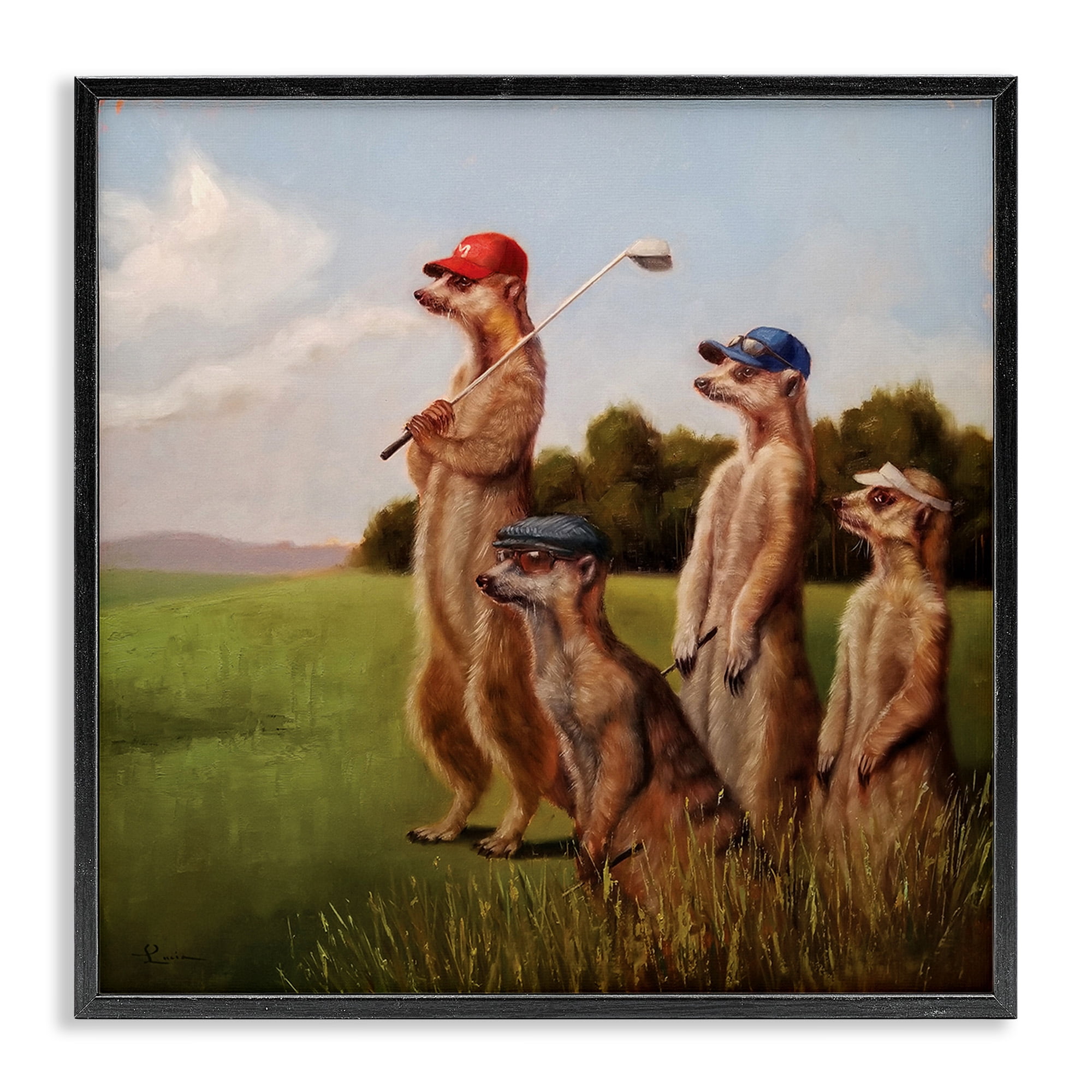 Stupell Industries Meerkats Playing Golf Animals & Insects Painting Black Framed Art Print Wall Art, 17 x 17
