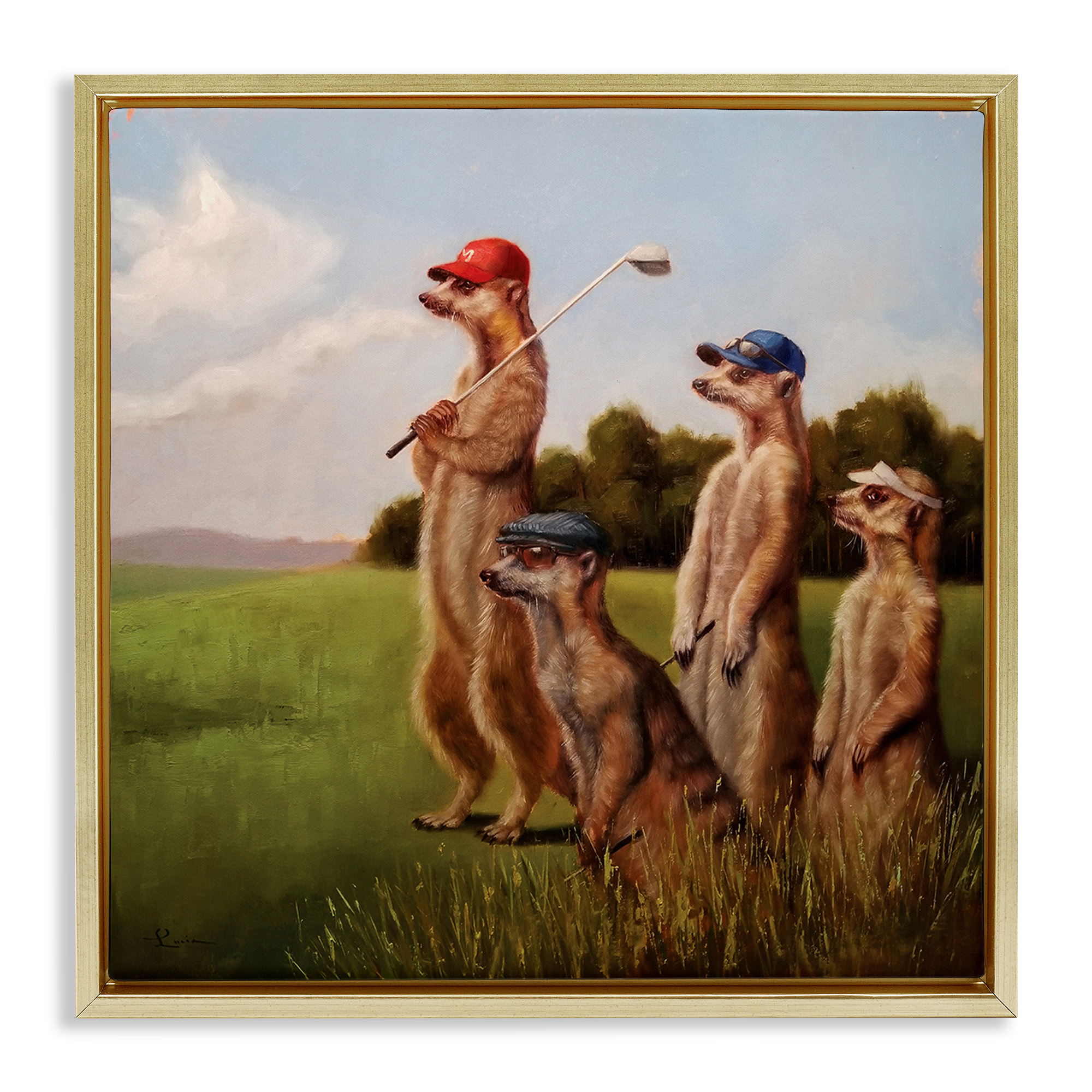 Stupell Industries Meerkats Playing Golf Animals & Insects Painting Gold Floater Framed Canvas Art Print Wall Art, 25 x 25