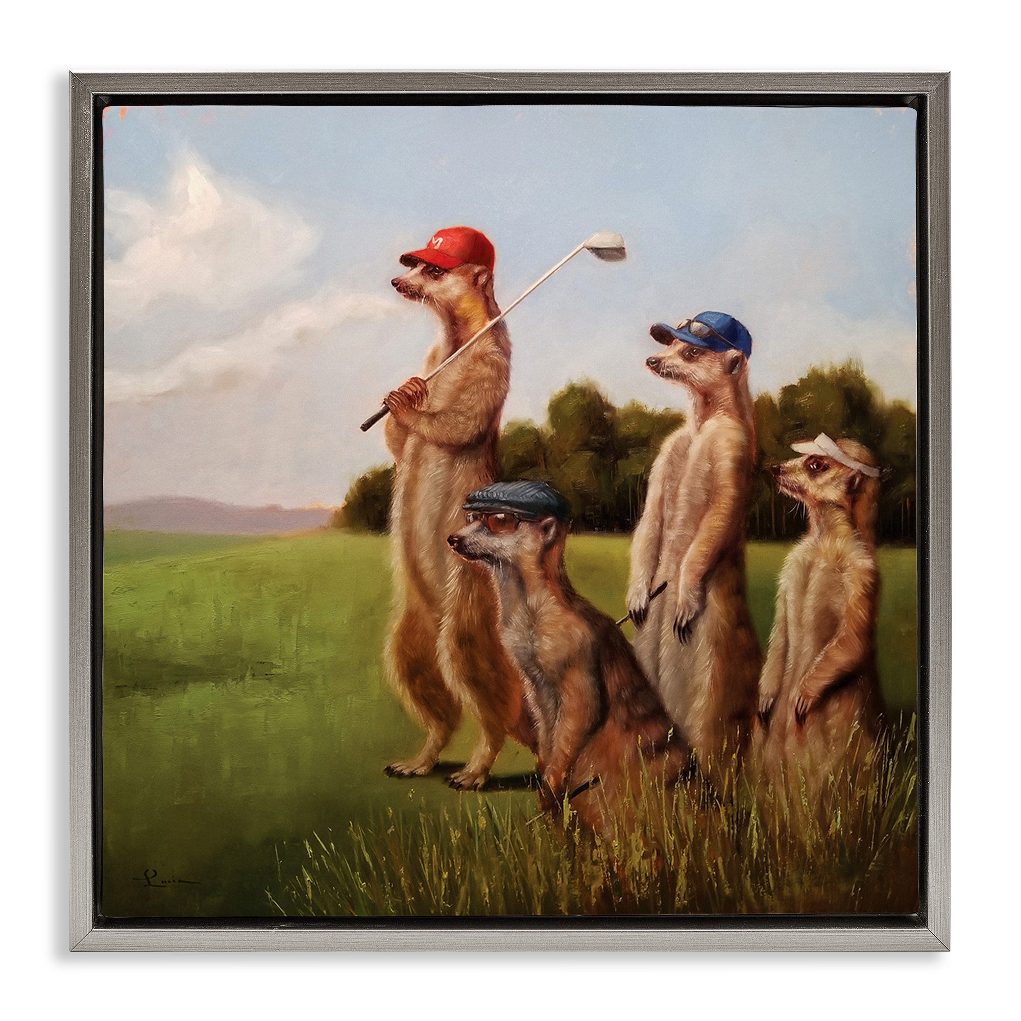 Stupell Industries Meerkats Playing Golf Animals & Insects Painting Gray Floater Framed Canvas Art Print Wall Art, 18 x 18