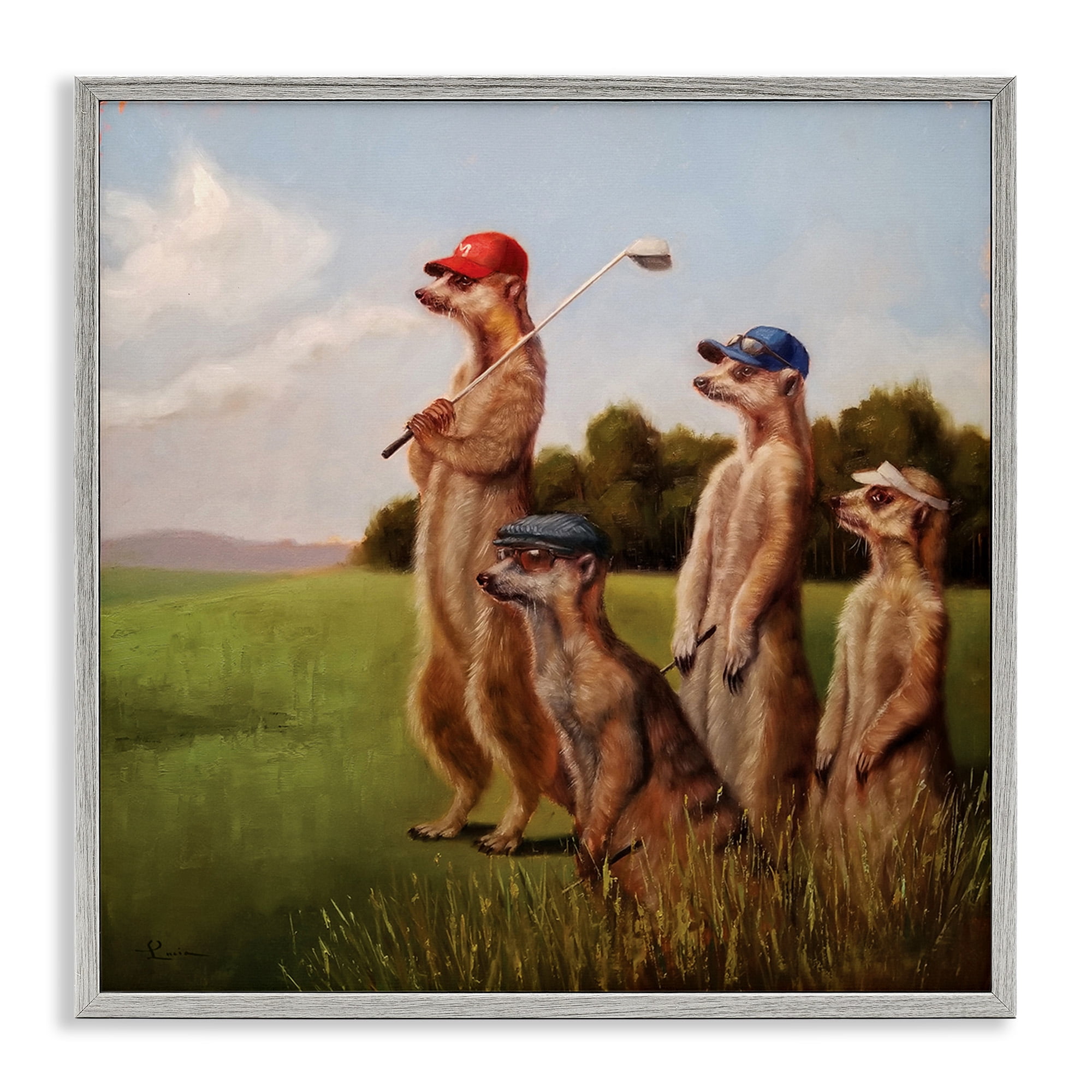 Stupell Industries Meerkats Playing Golf Animals & Insects Painting Gray Framed Art Print Wall Art, 24 x 24