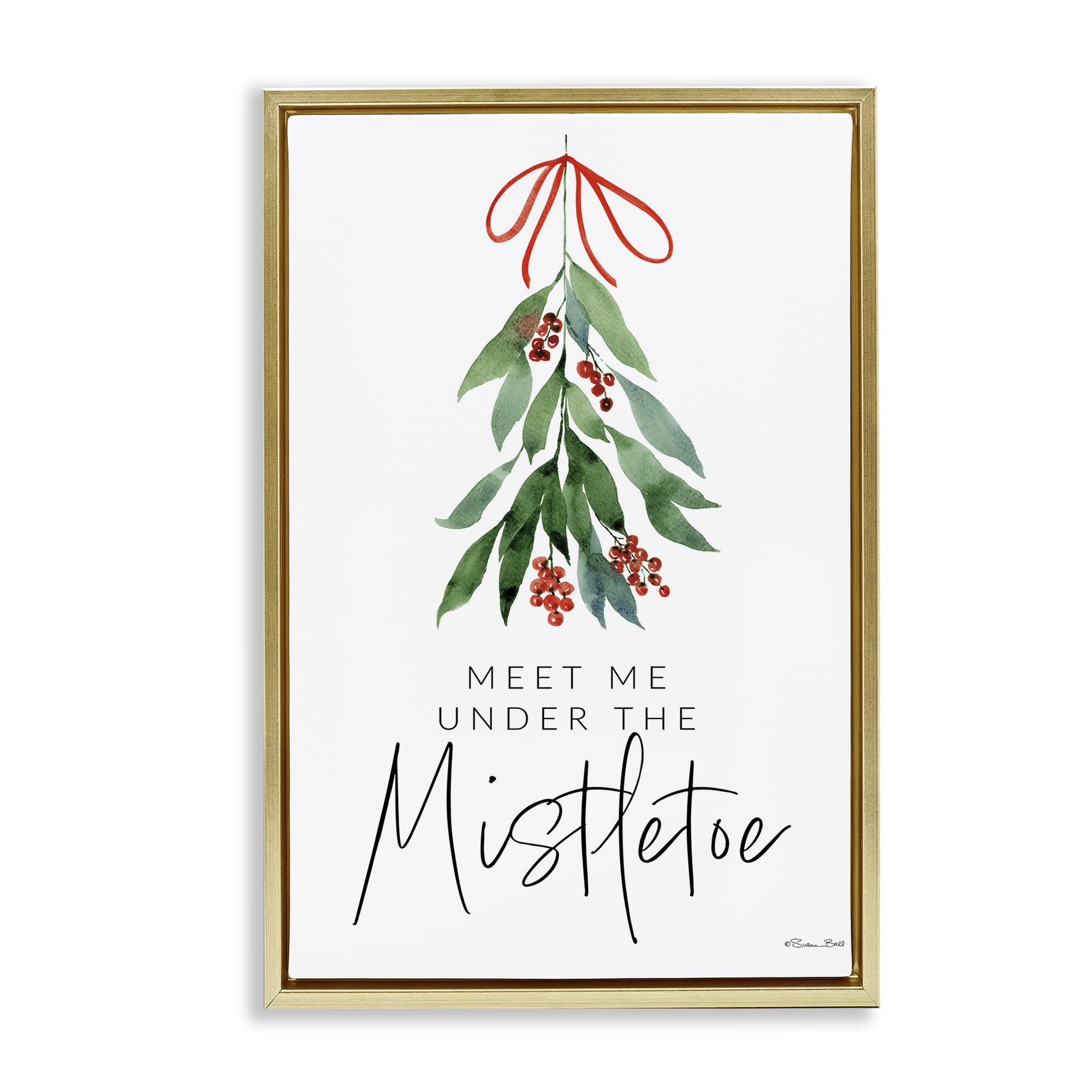 Stupell Industries Meet Me Under Mistletoe Holiday Painting Gold Floater Framed Art Print Wall Art, 21 x 31