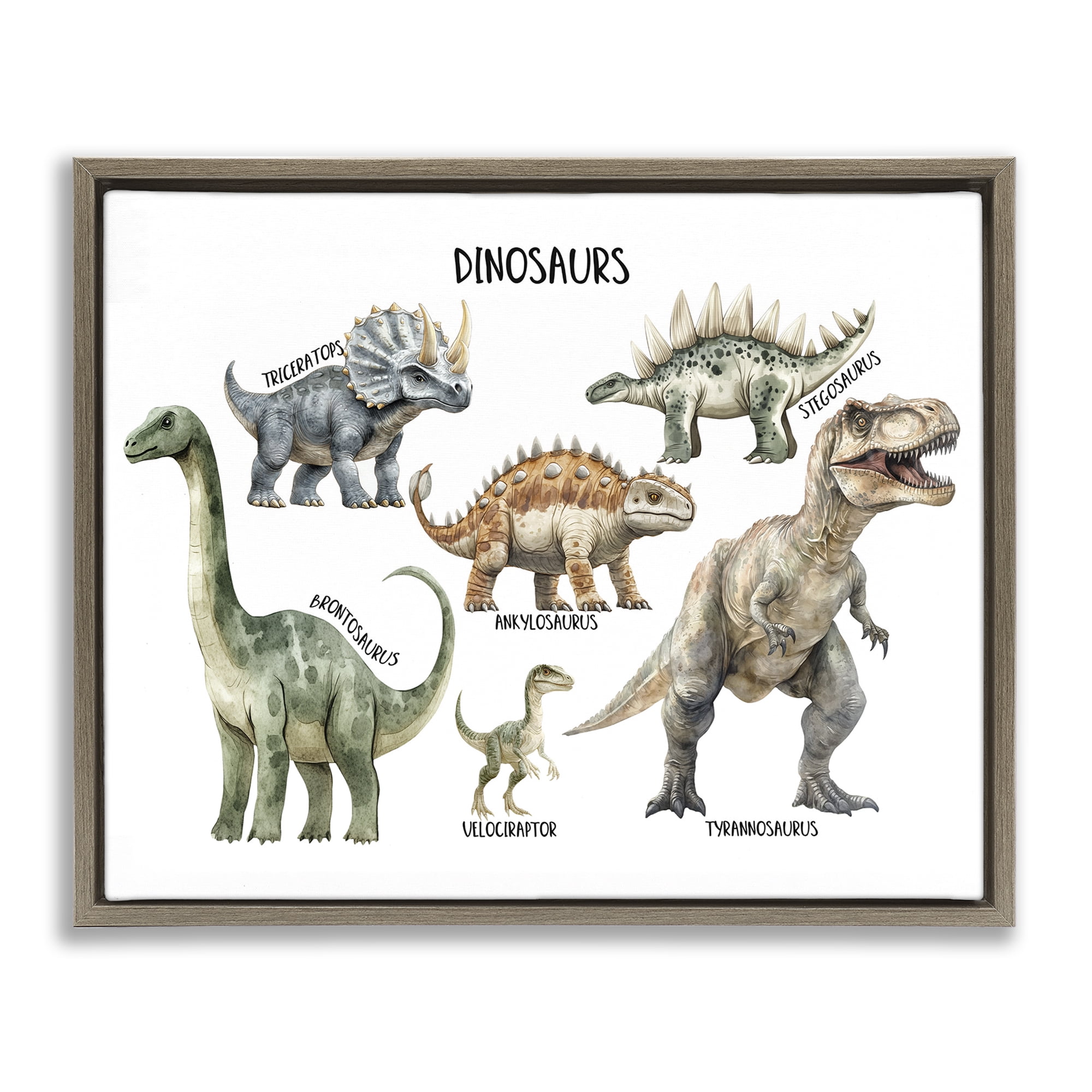 Stupell Industries Meet The Dinosaurs Brown Framed Floater Canvas Wall Art, design by Christine Simpson Art