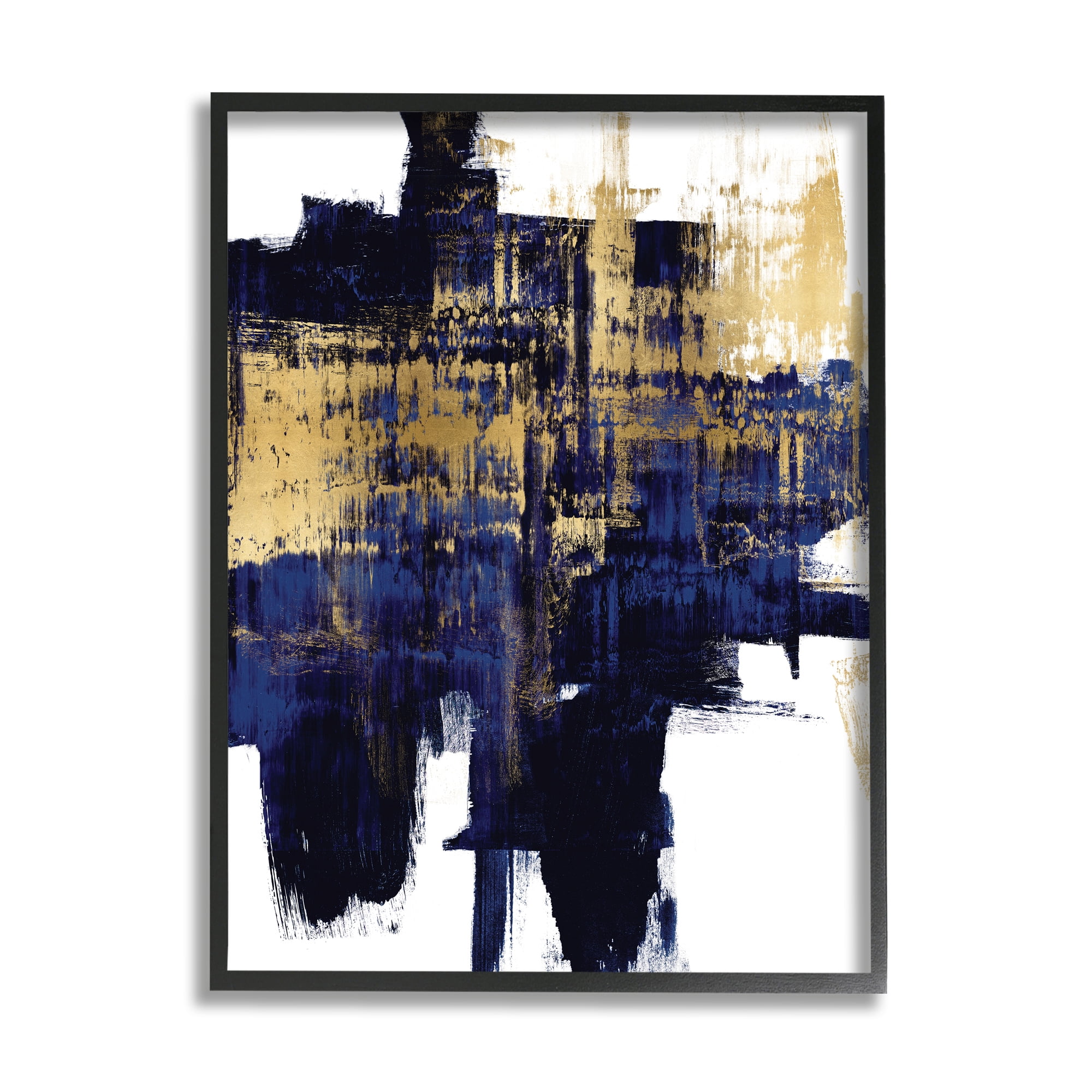 Stupell Industries Mellow Blue Gold Brush Stroke Abstract Abstract Painting Black Framed Art Print Wall Art, 16 x 20