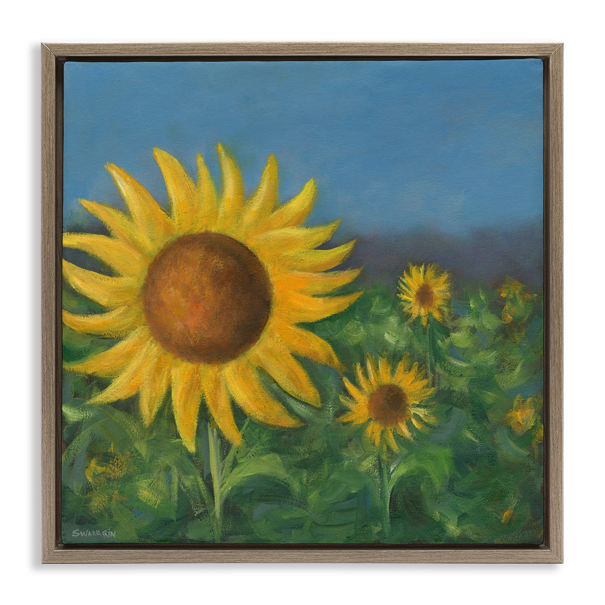 Stupell Industries Mellow Sunflower Garden Botanical & Floral Painting Brown Floater Framed Art Print Wall Art, 18 x 18
