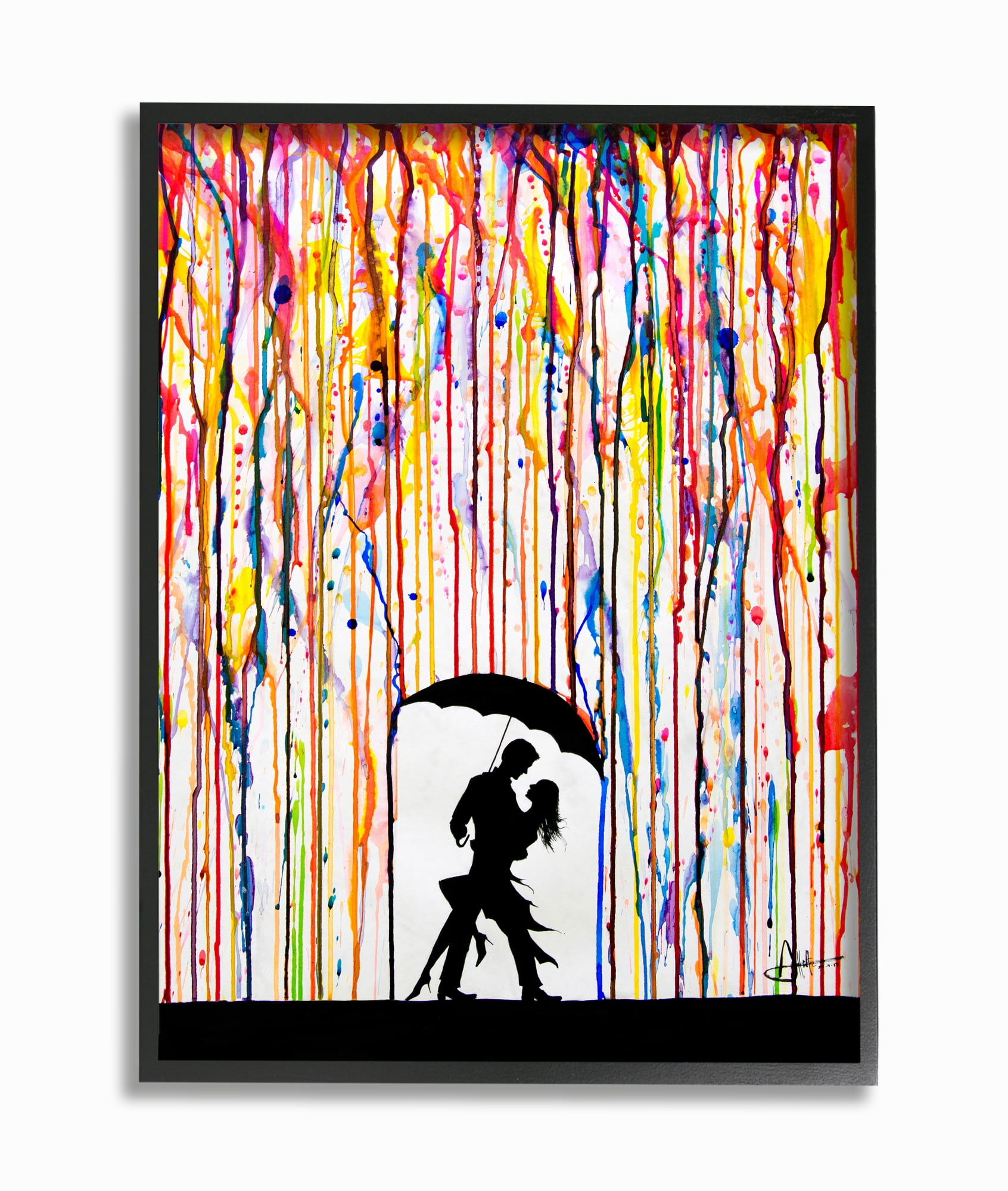 Stupell Industries Melting Colors Rainbow Rain Drops Umbrella Dancing Silhouette Graphic Art Black Framed Art Print Wall Art, 24x30, by Marc Allante