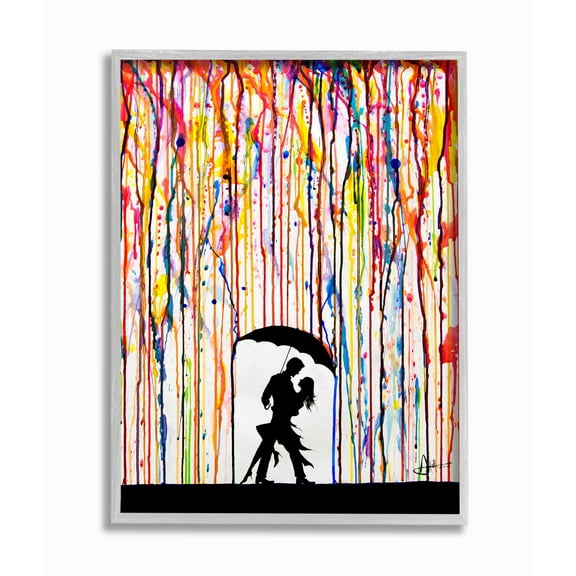 Stupell Industries Melting Colors Rainbow Rain Drops Umbrella Dancing Silhouette Graphic Art Gray Framed Art Print Wall Art, 11x14, by Marc Allante