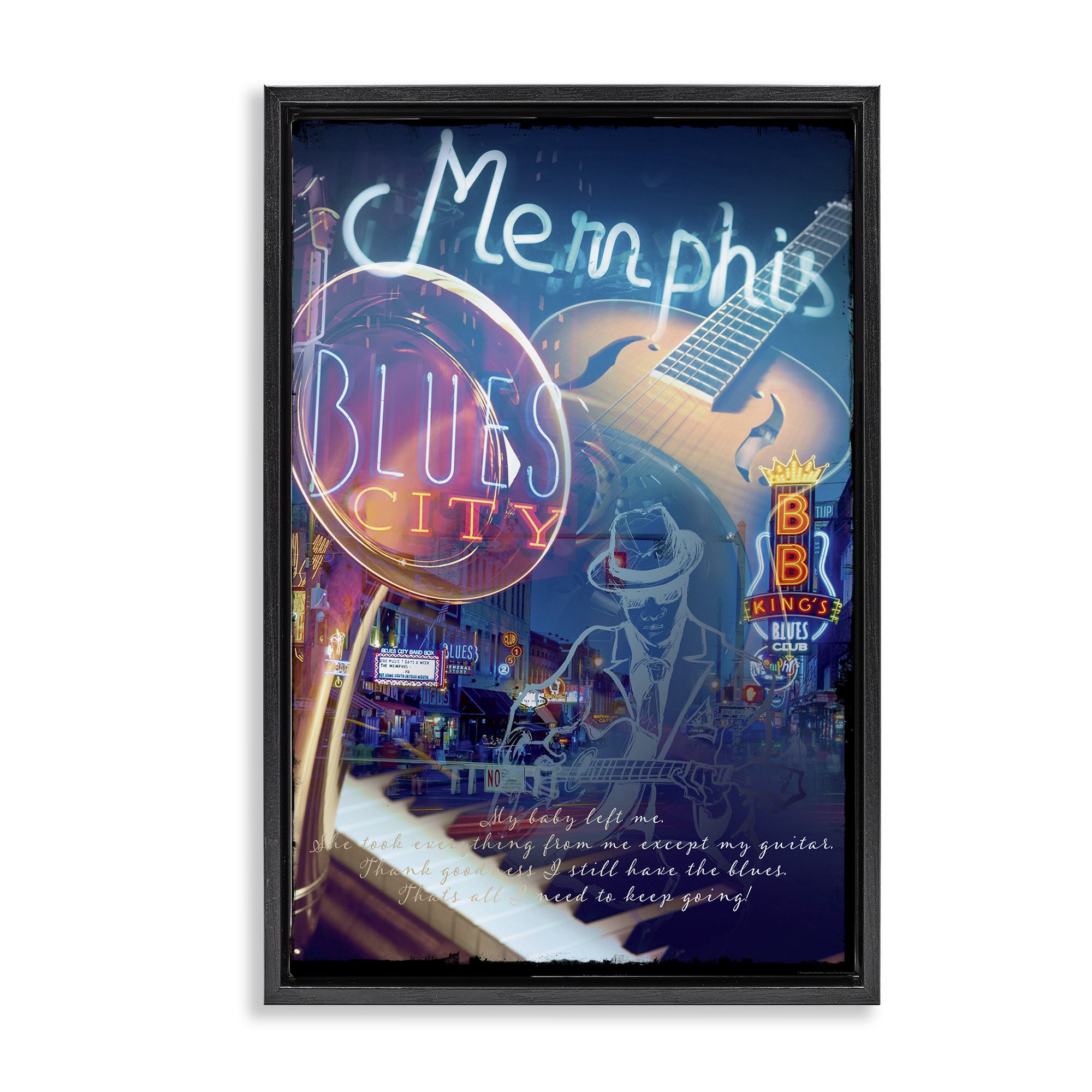 Stupell Industries Memphis Blues City Cities & Countries Painting Black Floater Framed Canvas Art Print Wall Art, 17 x 25