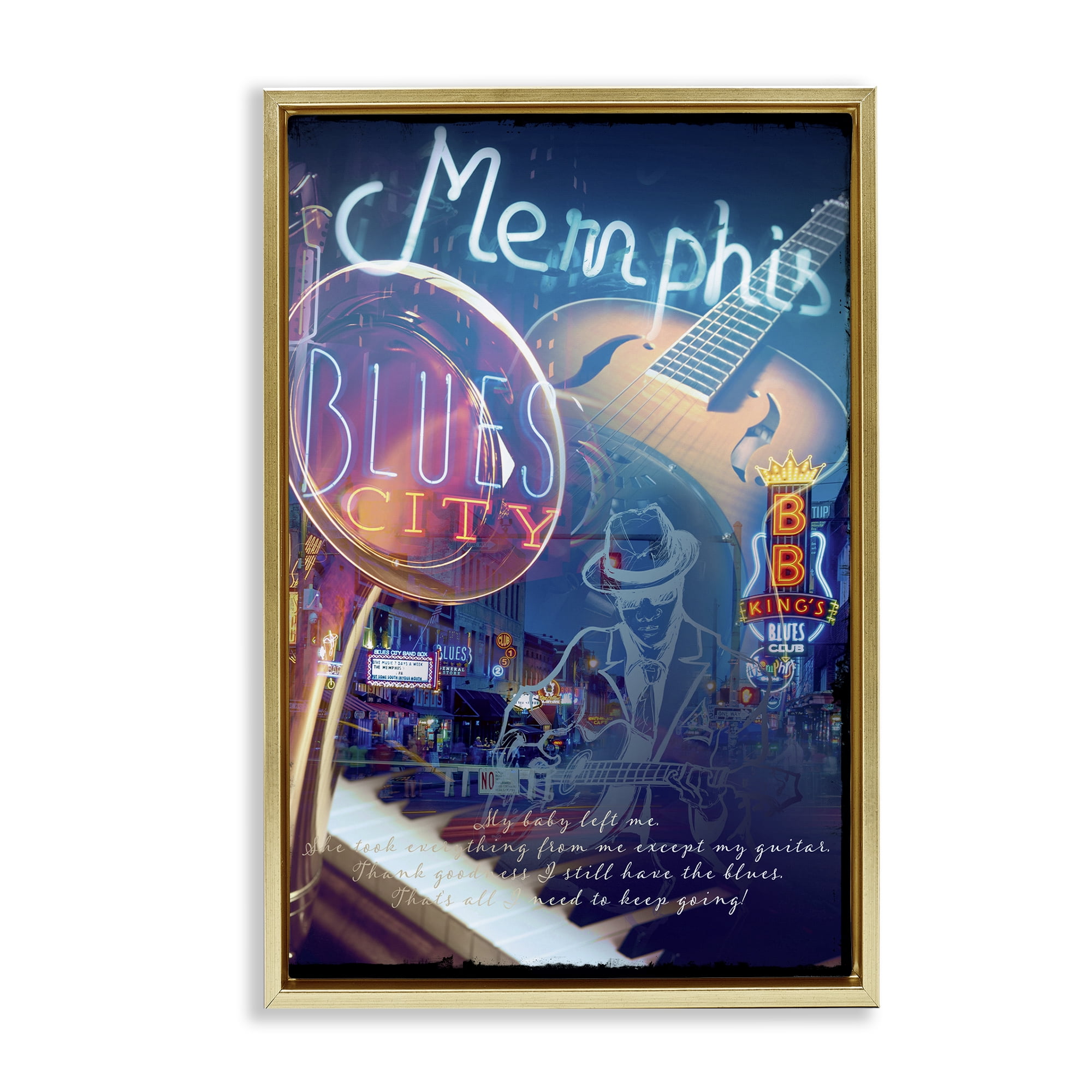 Stupell Industries Memphis Blues City Cities & Countries Painting Gold Floater Framed Canvas Art Print Wall Art, 21 x 31