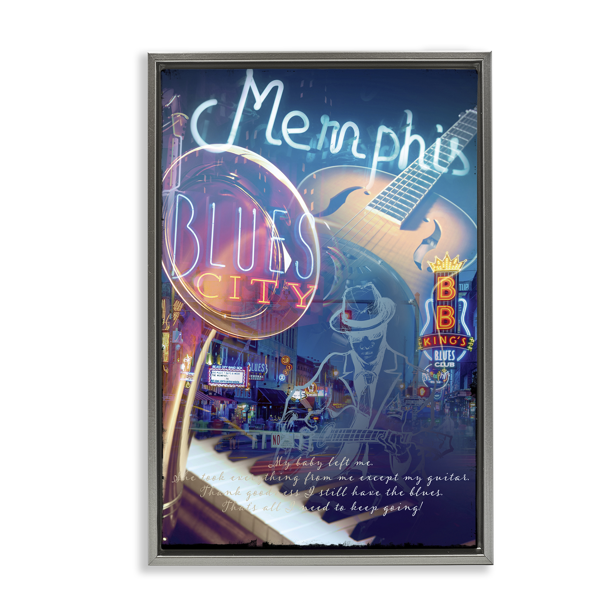 Stupell Industries Memphis Blues City Cities & Countries Painting Gray Floater Framed Canvas Art Print Wall Art, 17 x 25