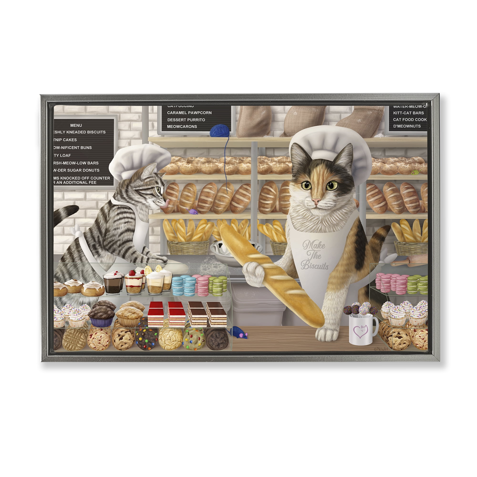 Stupell Industries Meow Bakery Funny Cats Food & Beverage Painting Gray Floater Framed Canvas Art Print Wall Art, 25 x 17