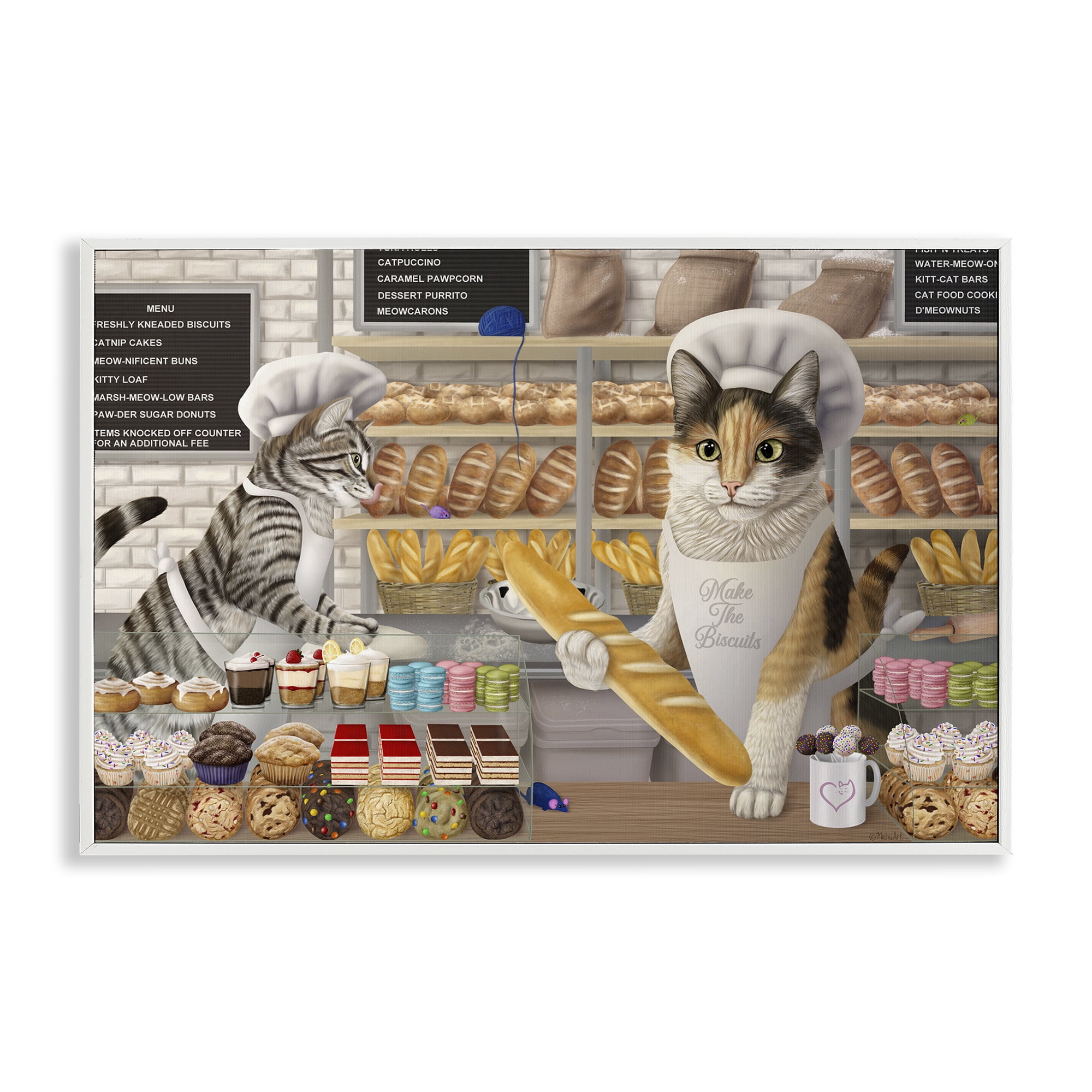 Stupell Industries Meow Bakery Funny Cats Food & Beverage Painting White Framed Art Print Wall Art, 18 x 12