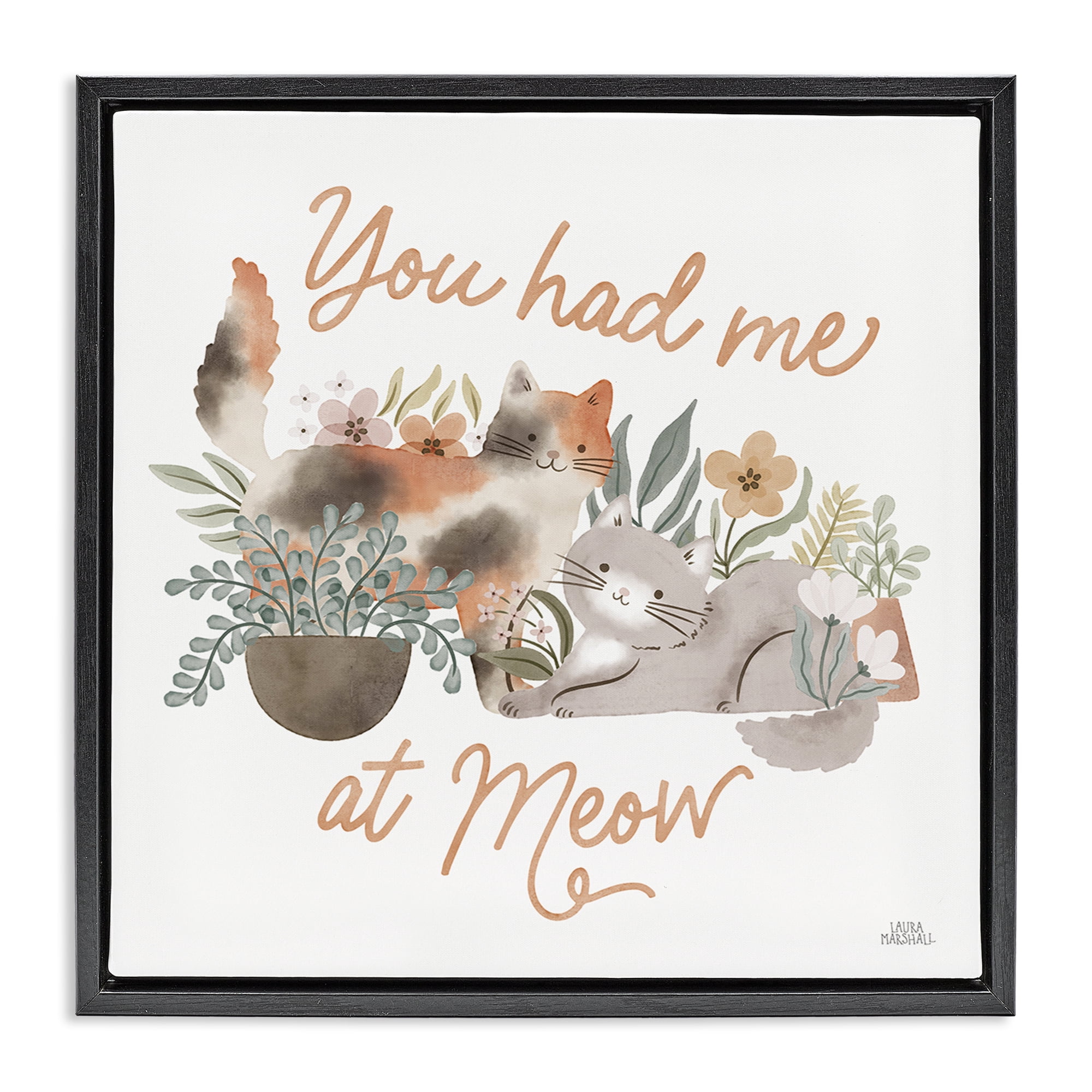 Stupell Industries Meow Garden Friends Animals & Insects Painting Black Floater Framed Canvas Art Print Wall Art, 18 x 18