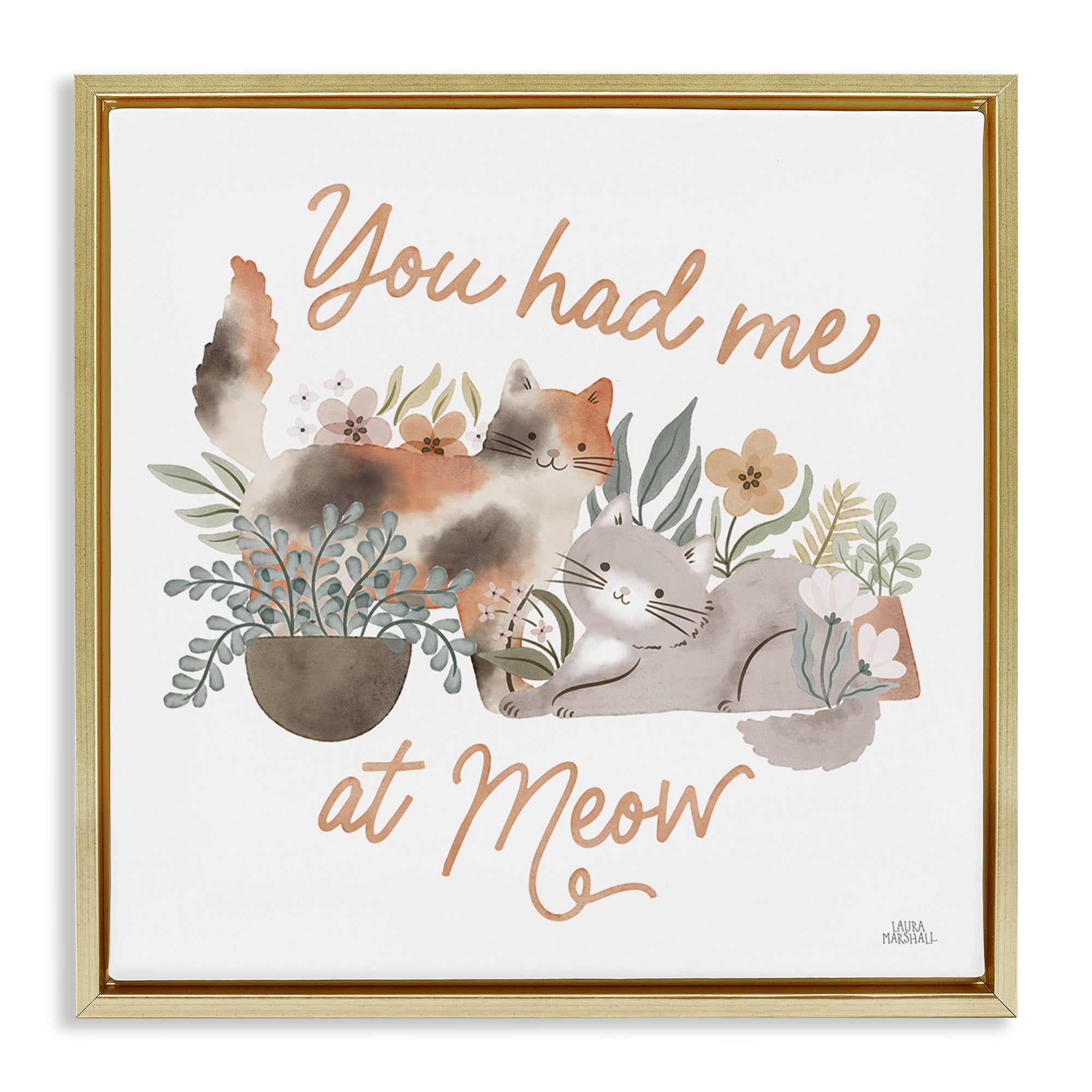 Stupell Industries Meow Garden Friends Animals & Insects Painting Gold Floater Framed Canvas Art Print Wall Art, 25 x 25