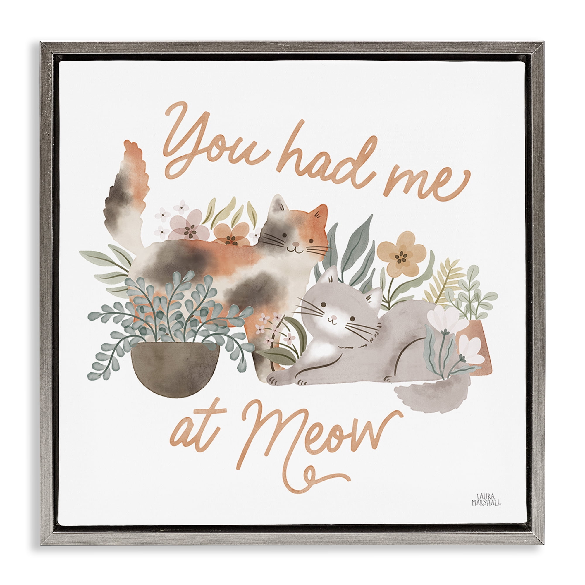 Stupell Industries Meow Garden Friends Animals & Insects Painting Gray Floater Framed Canvas Art Print Wall Art, 18 x 18