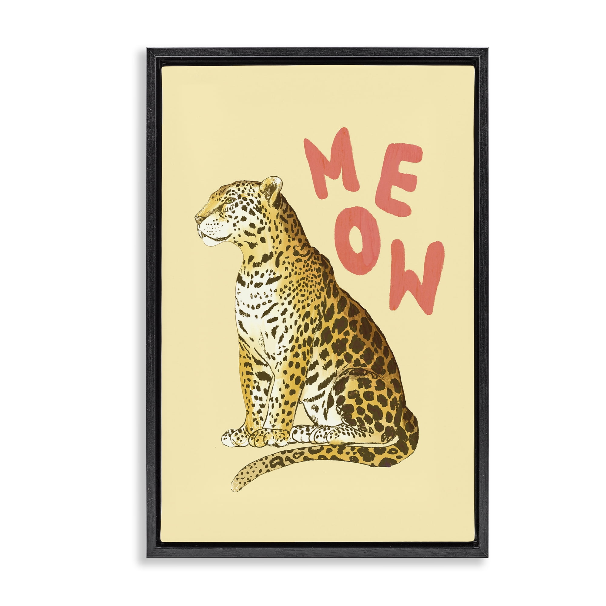 Stupell Industries Meow Leopard on Yellow Black Framed Floater Canvas Wall Art, design by Florentina Dolci