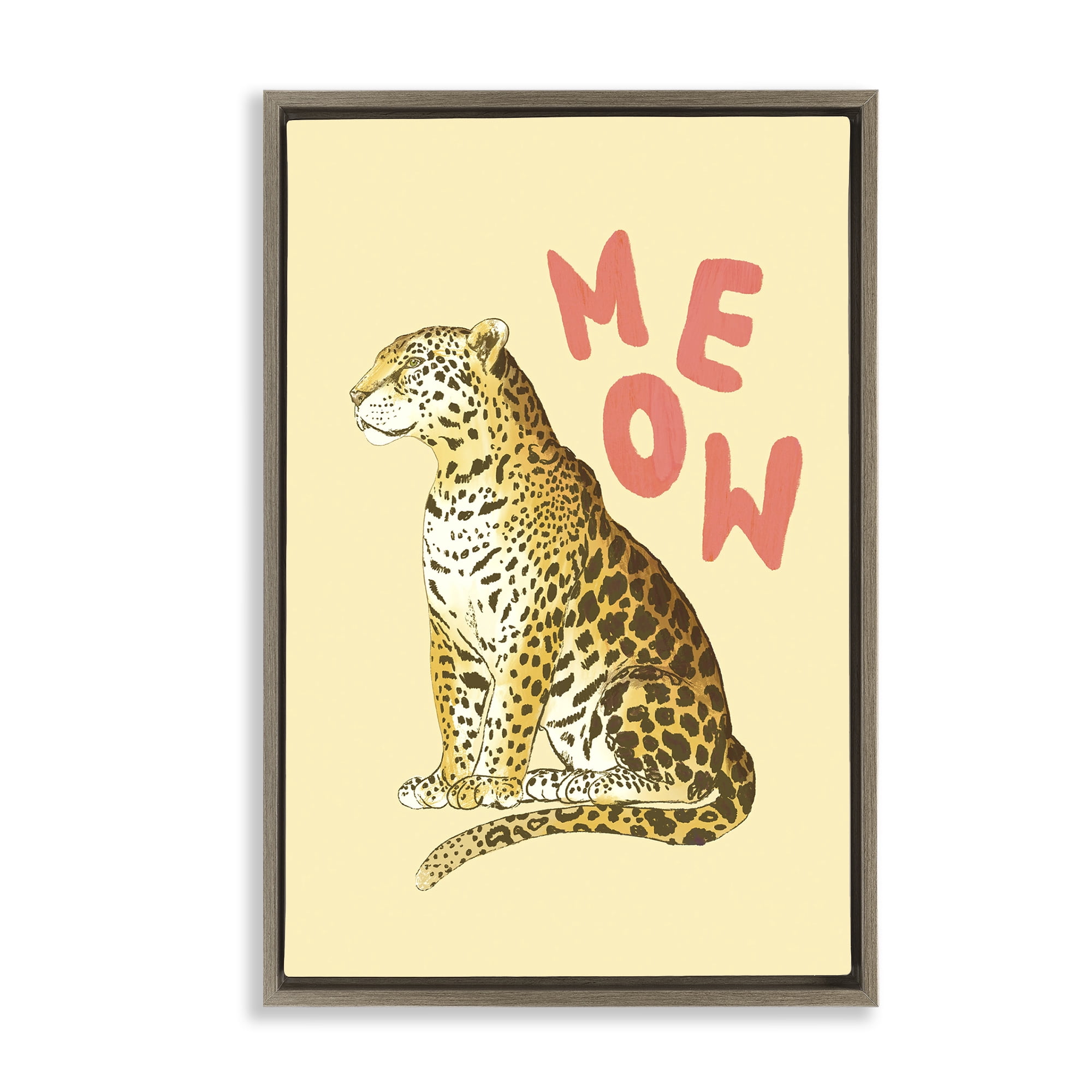 Stupell Industries Meow Leopard on Yellow Brown Framed Floater Canvas Wall Art, design by Florentina Dolci