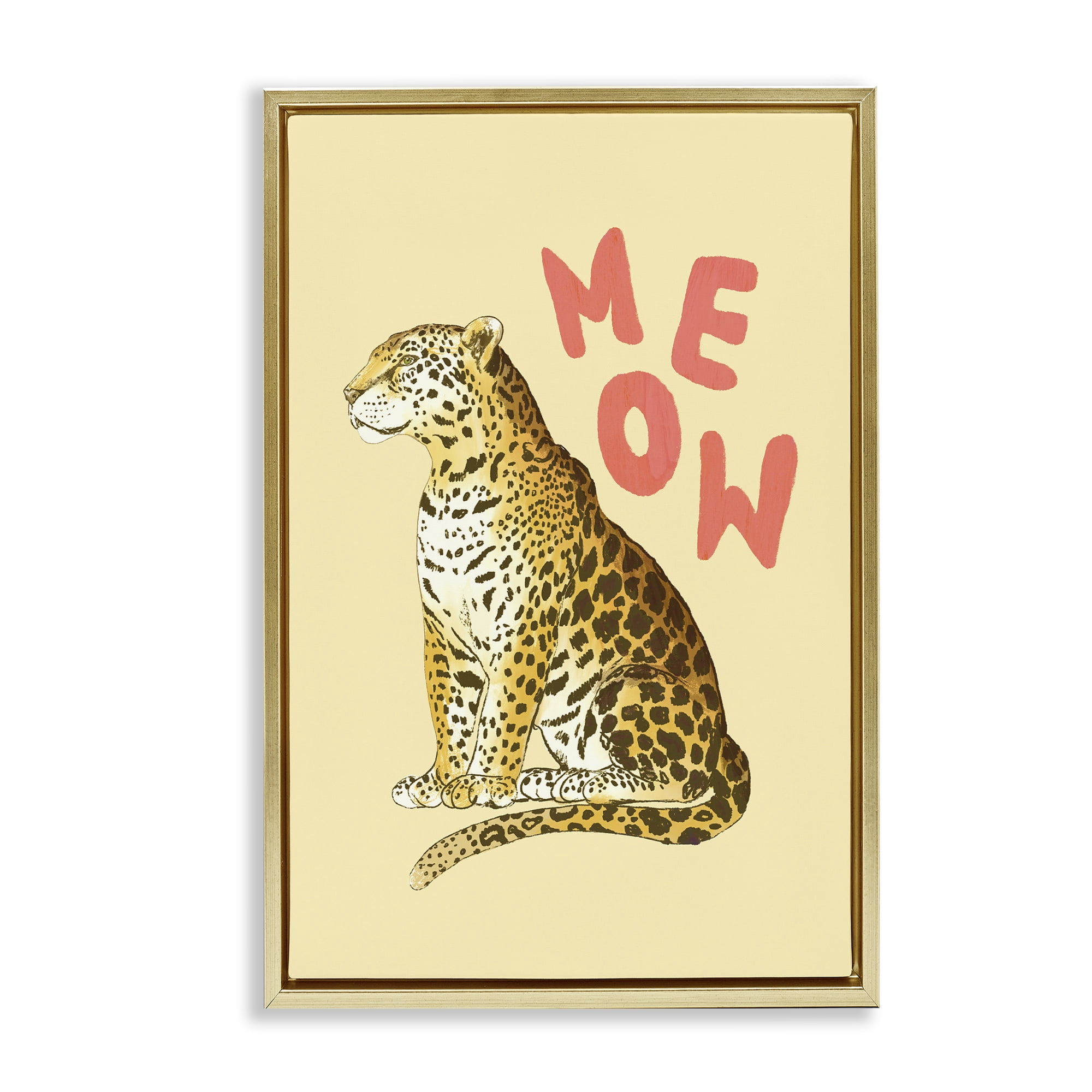 Stupell Industries Meow Leopard on Yellow Gold Framed Floater Canvas Wall Art, design by Florentina Dolci
