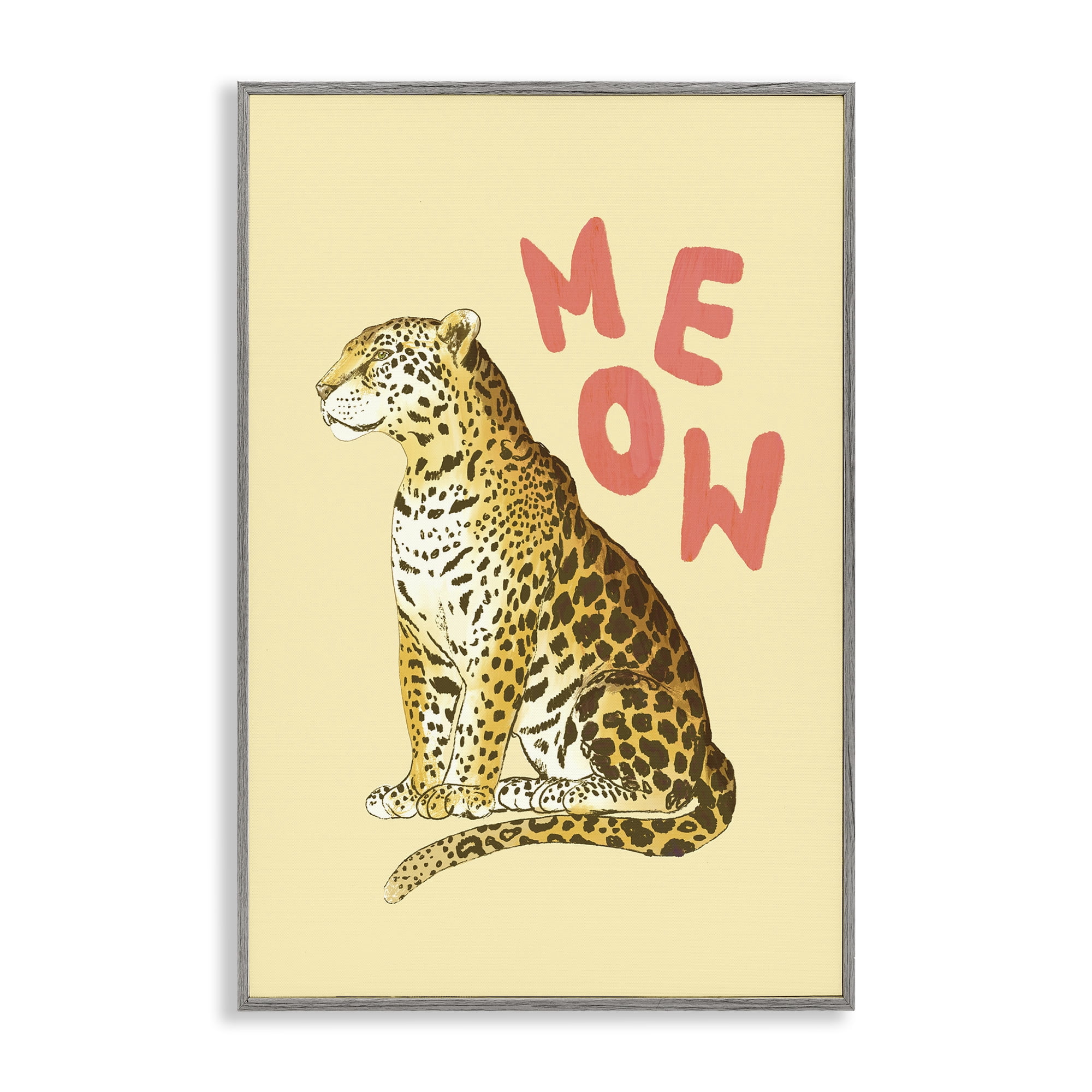 Stupell Industries Meow Leopard on Yellow Gray Framed Giclee Art, design by Florentina Dolci